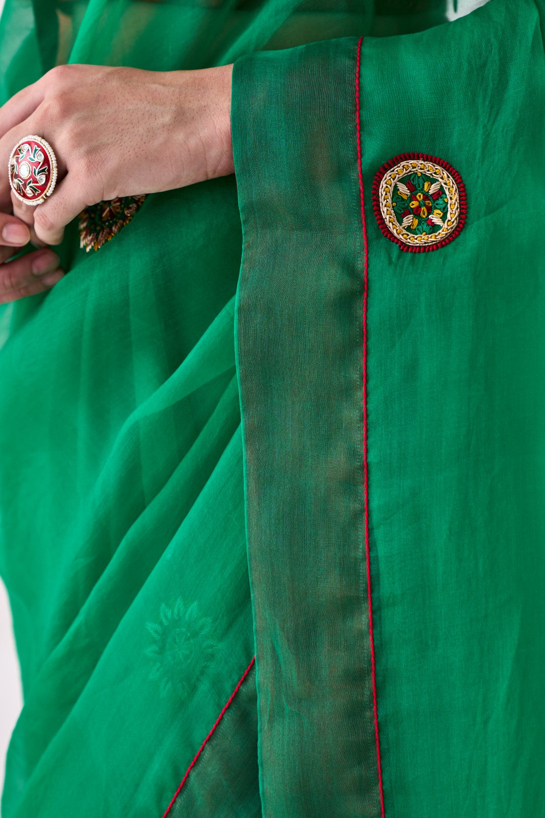 Green Organza Embroidered Jaal Embroidered Saree Paired with Organic Cotton Stitched Petticoat (02 Pcs.)