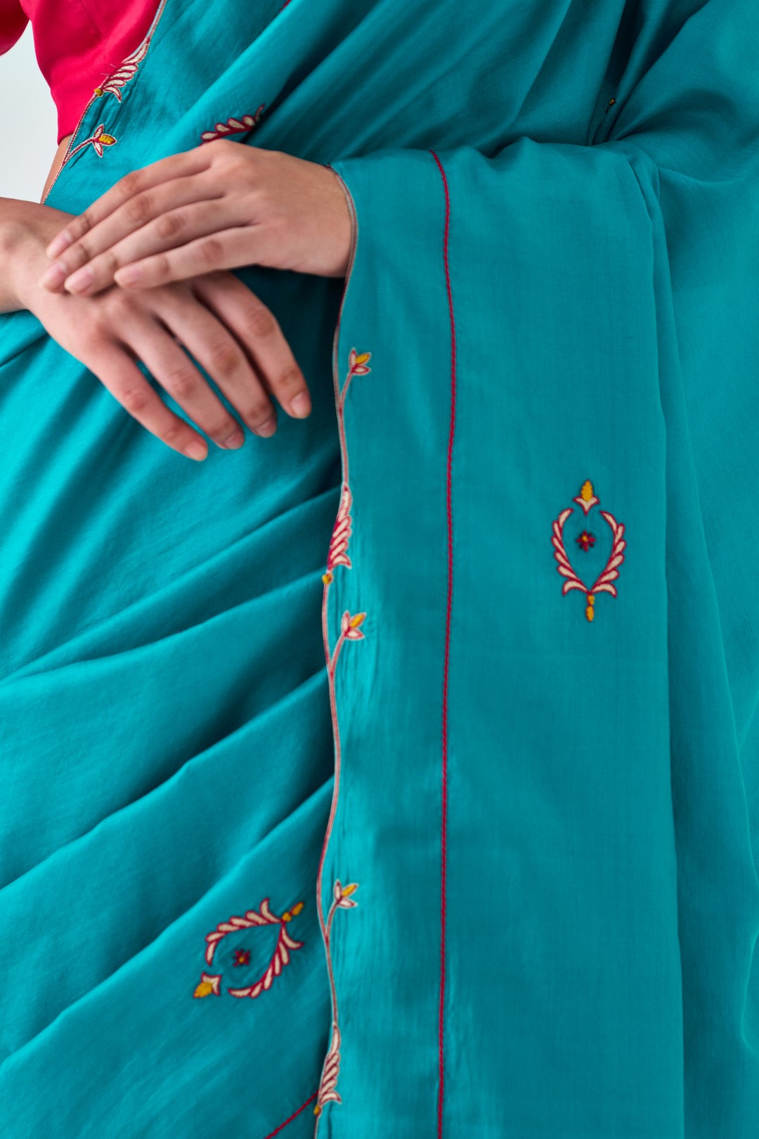 Turquoise Silk Embroidered Saree Paired with Organic Cotton Stitched Petticoat (02 pcs.)