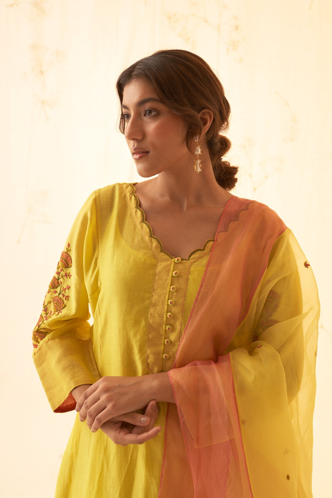 Yellow With Beautiful Embroidery On Sleeves Kurta Set