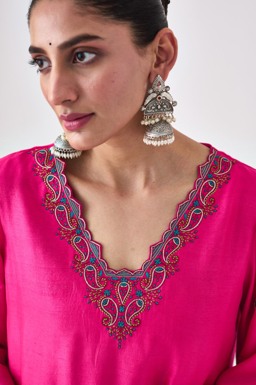 Fuchsia Silk Dupion Embroidered Short Kurta Paired with Silk Sharara & Organza Dupatta (03 PCS.)