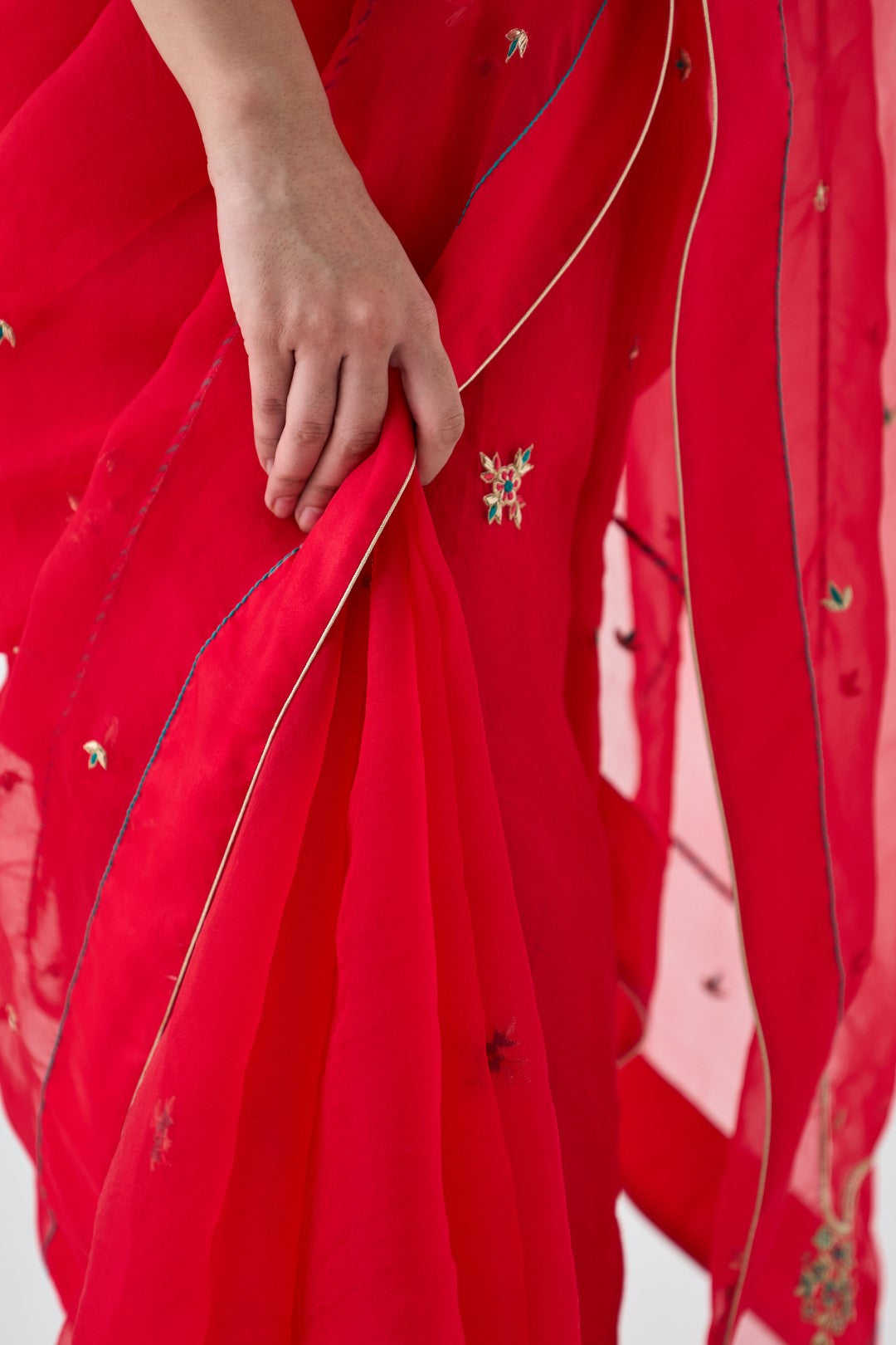 Red Organza Embroidered Saree Paired with an Organic Cotton Stitched Petticoat (02 Pcs.)