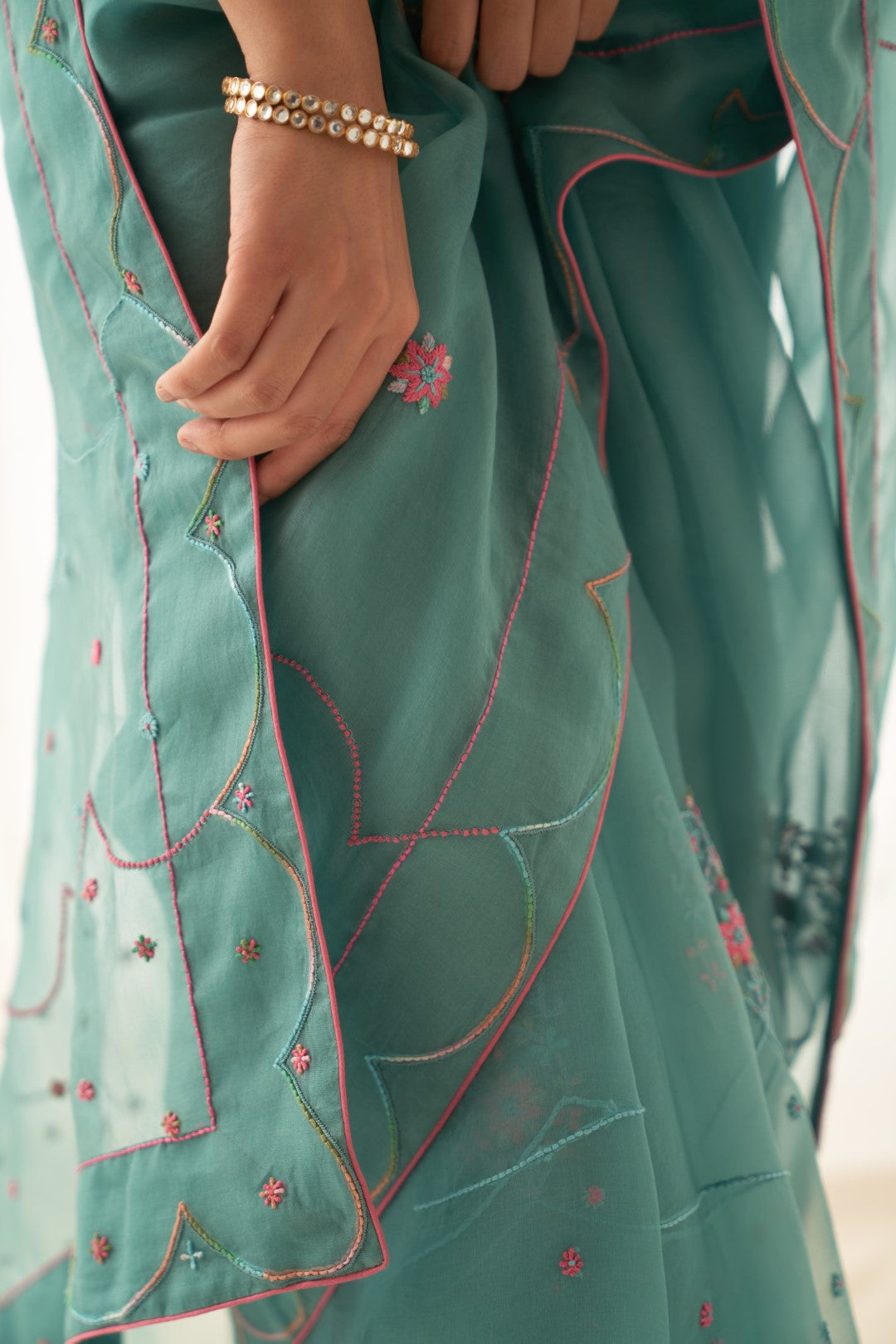 Teal Organza Saree Set Comes With Silk Stitched Blouse and Organic Cotton Stitched Petticoat (03 Pcs. )