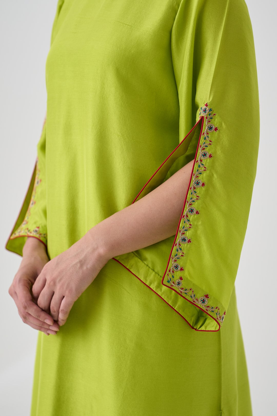 Lime Green Dupion Silk Embroidered Kurta Paired with Silk Pant & Organza Dupatta (03 Pcs.)