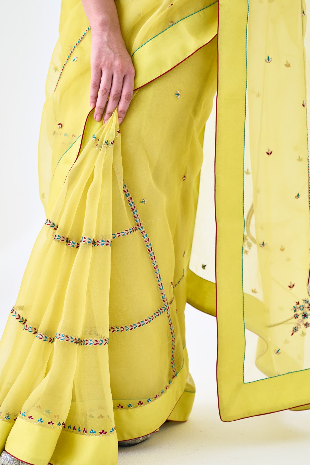 Yellow Organza Saree with Embroidery Paired with Organic Cotton Stitched Petticoat (2-Piece Set)