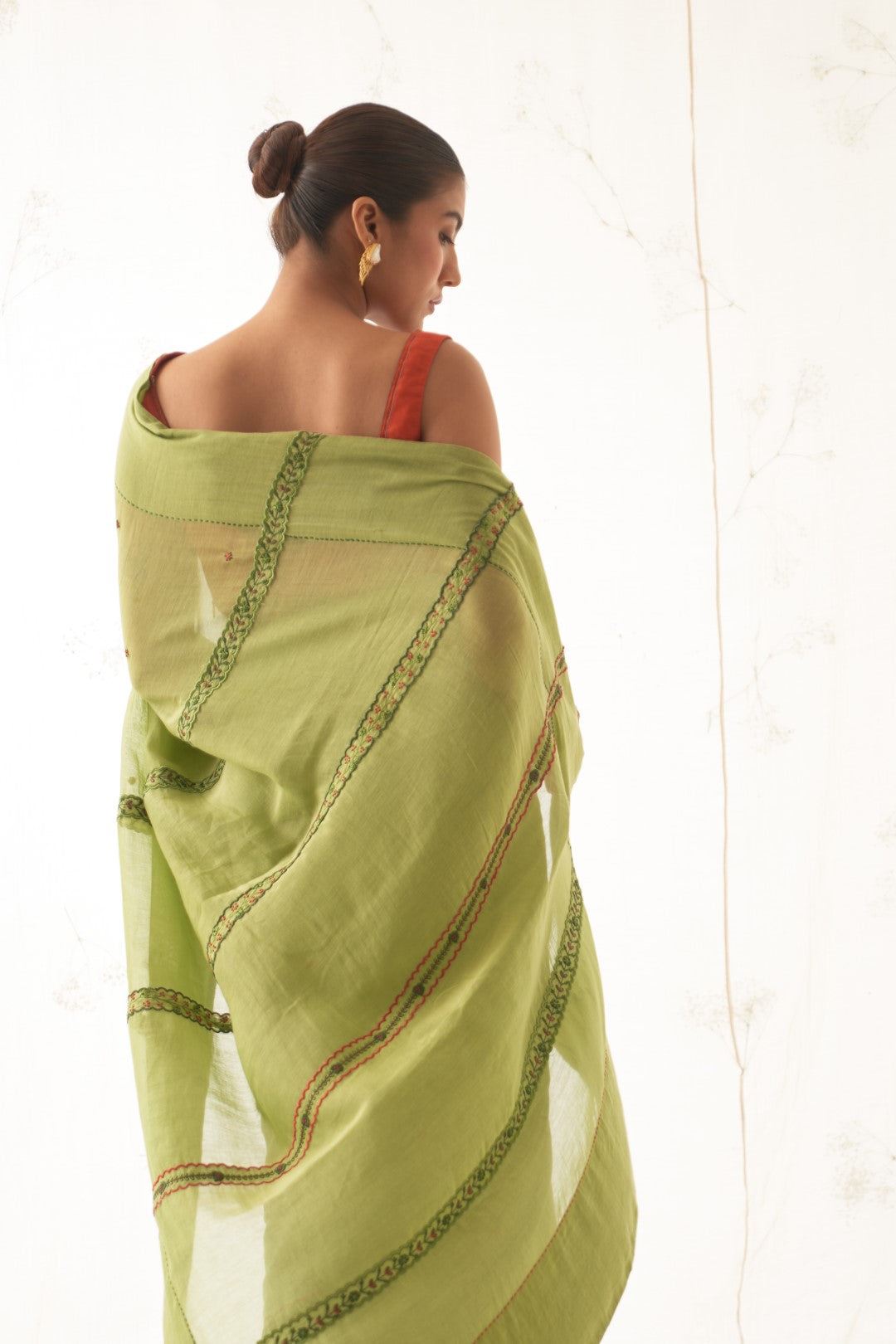 Green Chanderi Saree With Stitched Chanderi Blouse and Organic Cotton Stitched Petticoat ( 03 Pcs. )