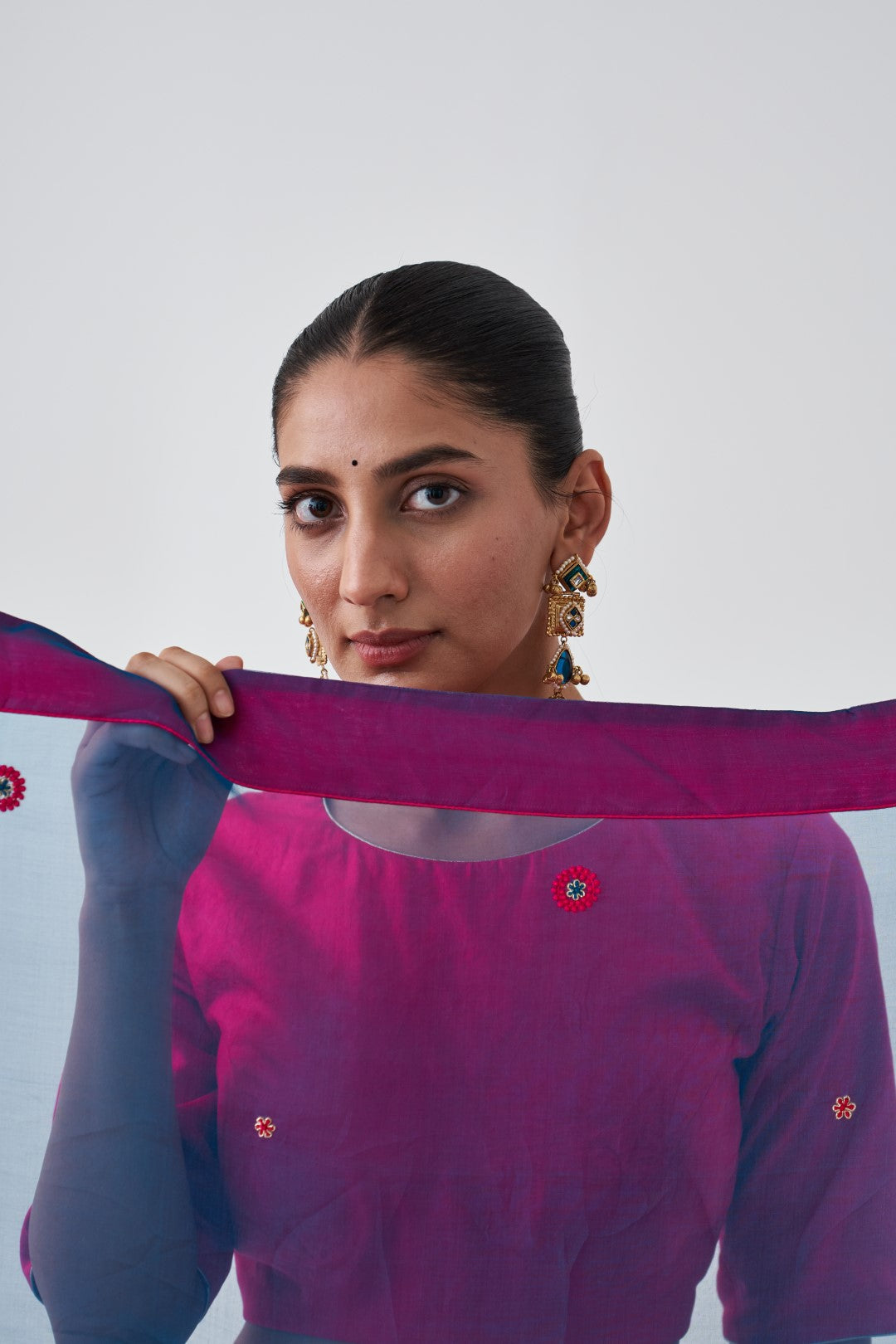 Blue Organza Embroidered Saree Paired with Organic Cotton Stitched Petticoat (02 Pcs.)