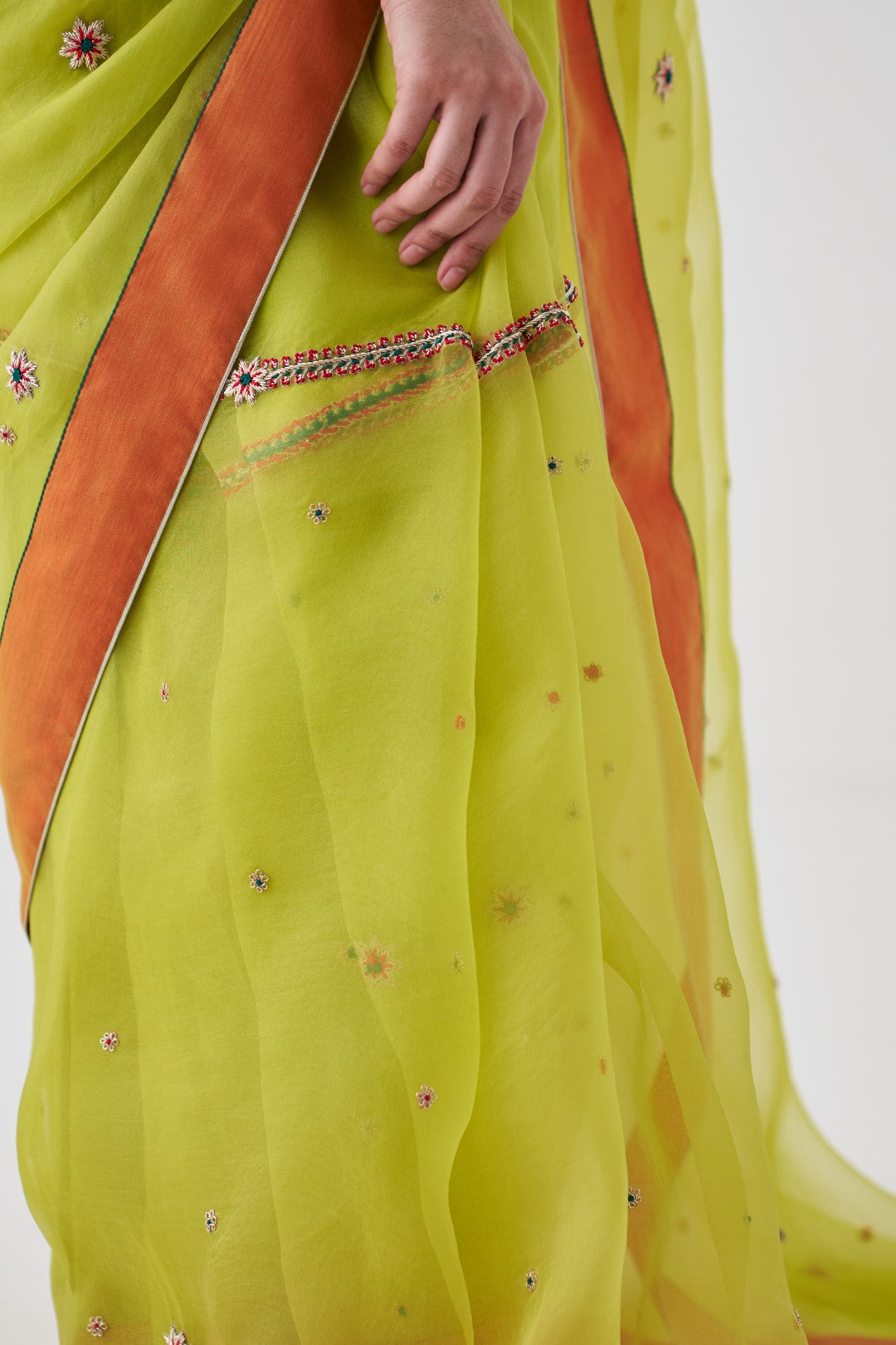 Lime Green Organza Embroidered Saree Paired with Organic Cotton Stitched Petticoat (02 Pcs.)