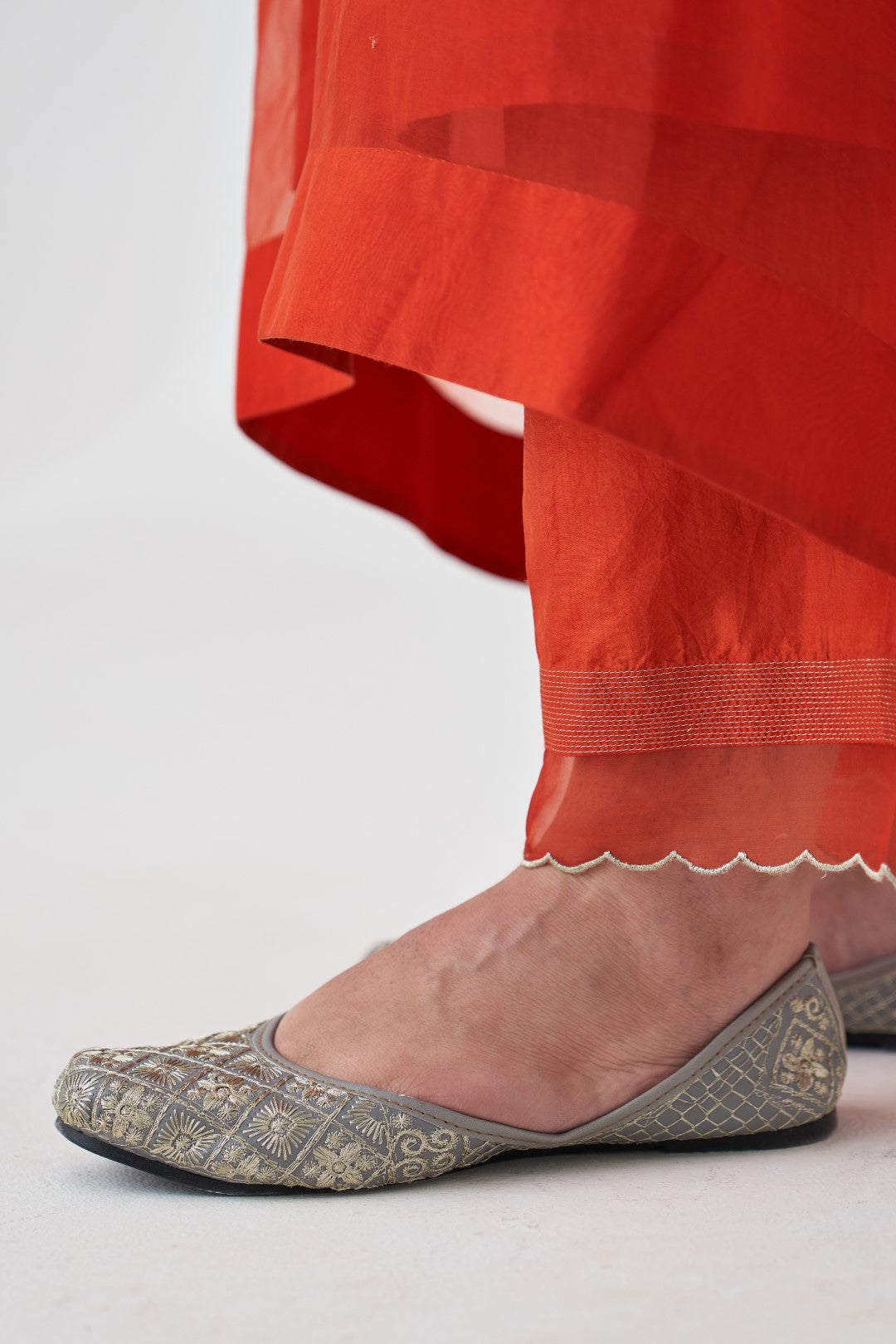 Rust Organza Embroidered Kaftan Paired with Silk Slip & Silk Pant (03 PCS.)