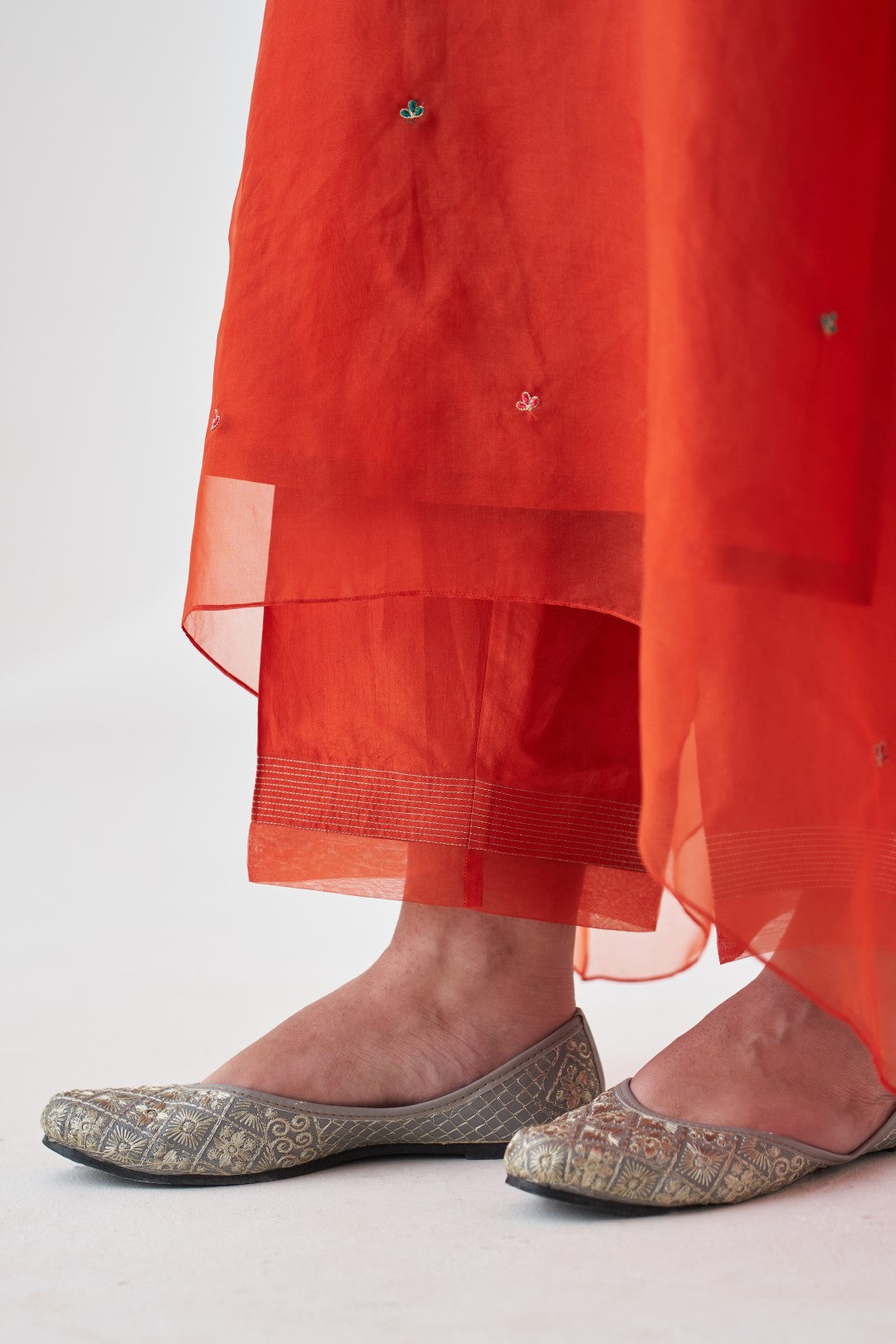 Rust Organza Embroidered Kaftan Paired with Silk Slip & Silk Pant (03 Pcs.)