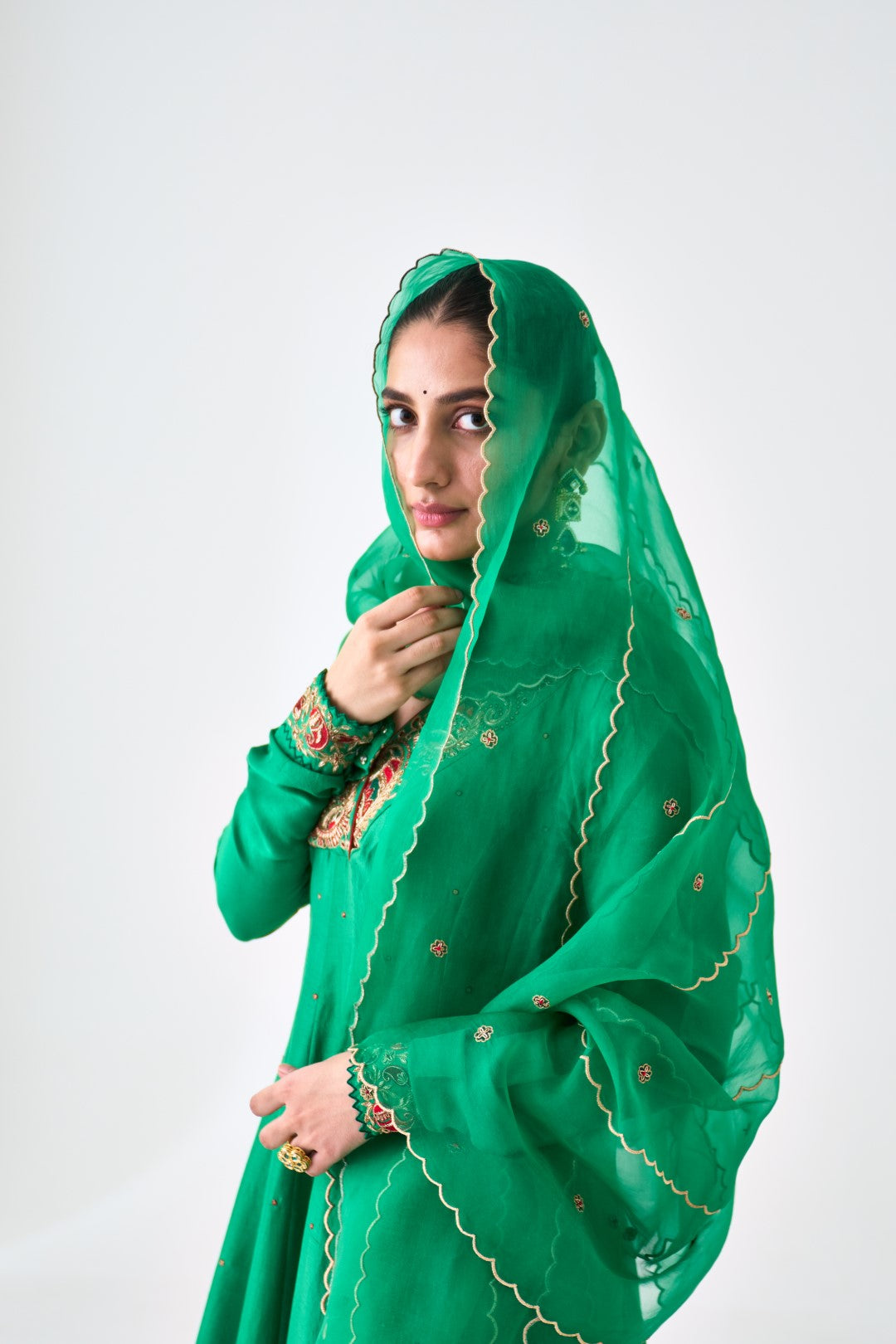 Green Silk dupion Embroidered Anarkali with Silk Pant & Organza Dupatta (03 Pcs.)