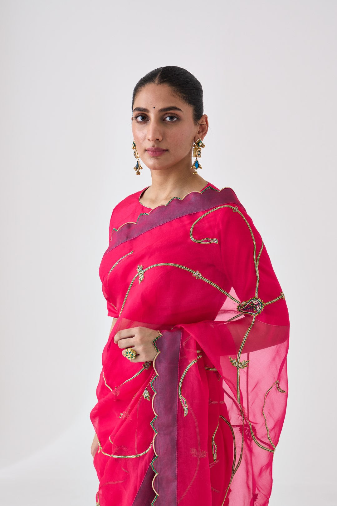 Fuchsia Jaal Embroidered Saree Paired with Organic Cotton Petticoat (02 Pcs.)