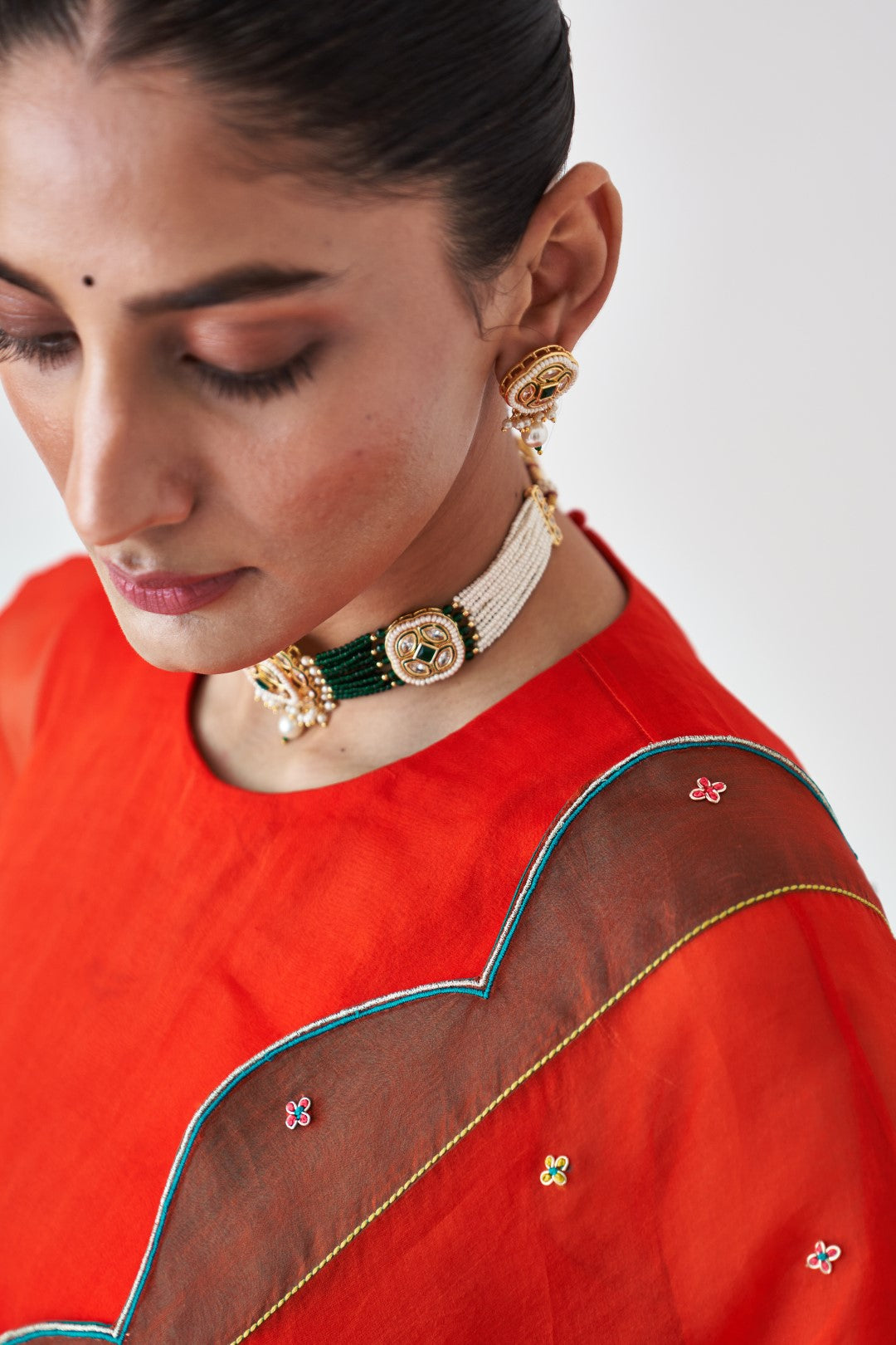 Rust Scallop Border Embroidered Saree Paired with Stitched Organic Cotton Petticoat (02 pcs.)