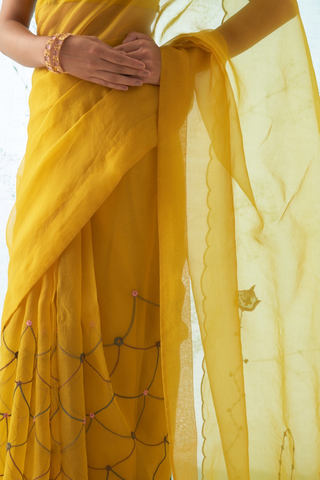 Yellow Organza Saree Set With Chanderi Stitched Blouse and Organic Cotton Stitched Petticoat ( 03 Pcs. )