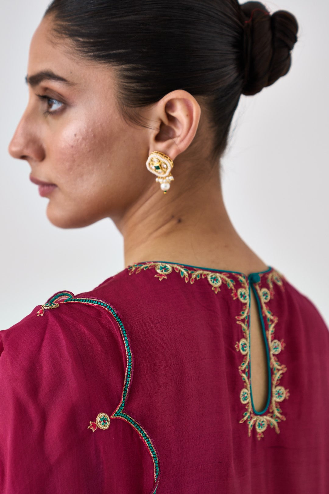 Wine Silk Dupion Embroidered Kurta Paired with Silk Pant & Organza Dupatta (03 Pcs.)