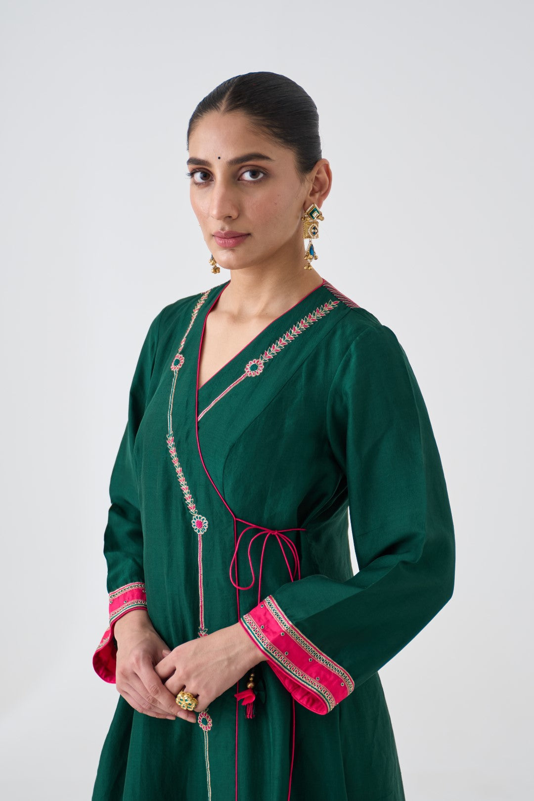 Dark Green Embroidered Angrakha with Silk Pant & Organza Dupatta (03 PCS.)