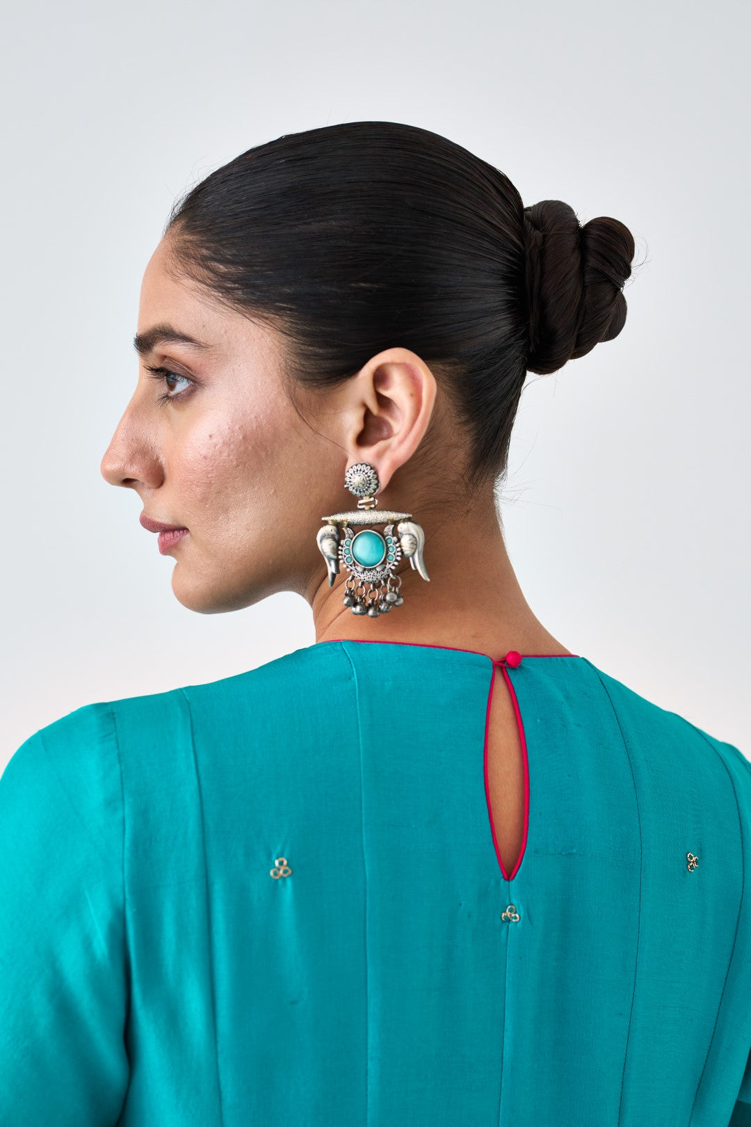 Turquoise Silk Dupion Embroidered Anarkali with Silk Pant & Organza Dupatta (03 Pcs.)