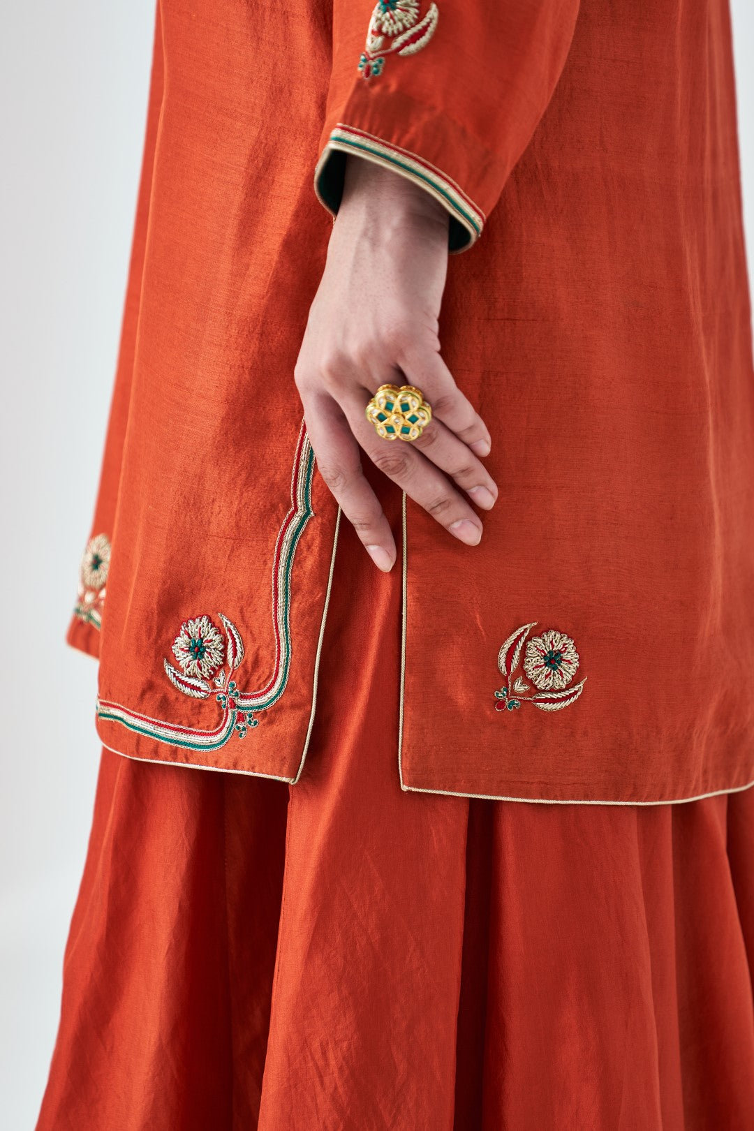 Rust Embroidered Dupion Silk Short Kurta & Silk Sharara (02 PCS.)