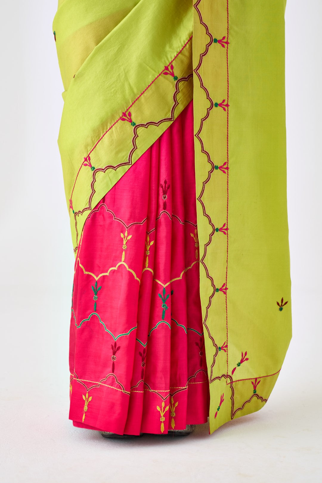 Lime Green & Fuchsia Embroidered Saree Paired with Organic Cotton Stitched Petticoat (02 Pcs.)