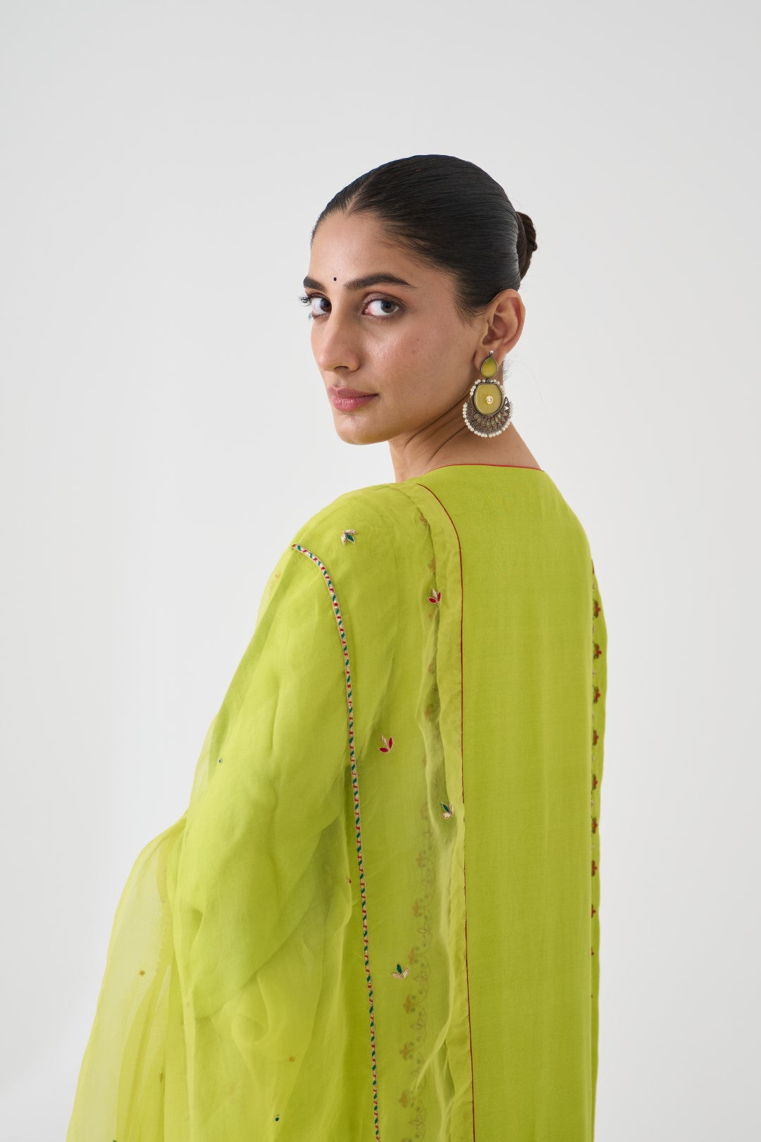Lime Green Dupion Silk Embroidered Long Kurta Paired with Silk Pant & Organza Dupatta (03 Pcs.)