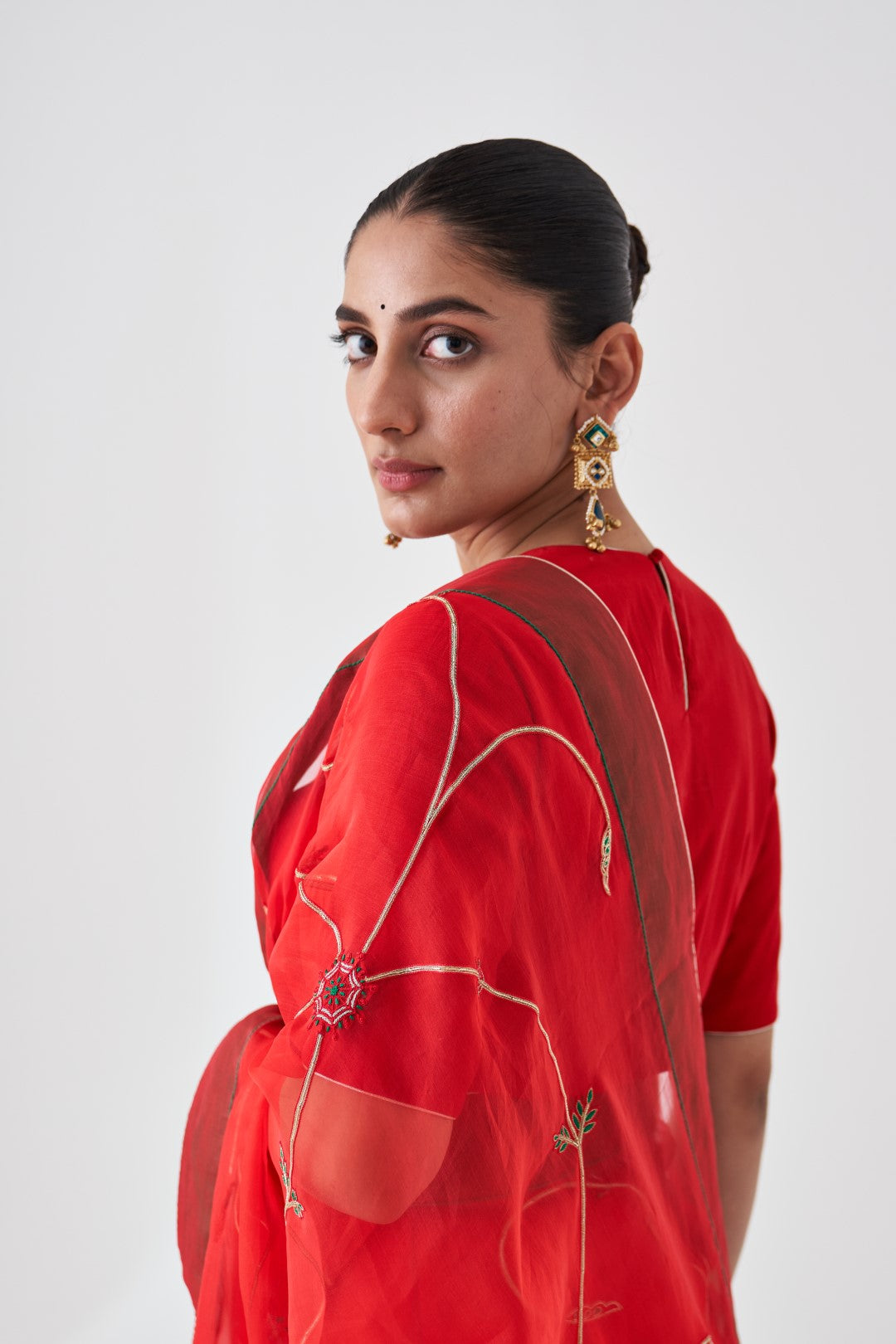Red Organza Saree with Jaal Embroidery and Organic Cotton Stitched Petticoat (2-Piece Set)