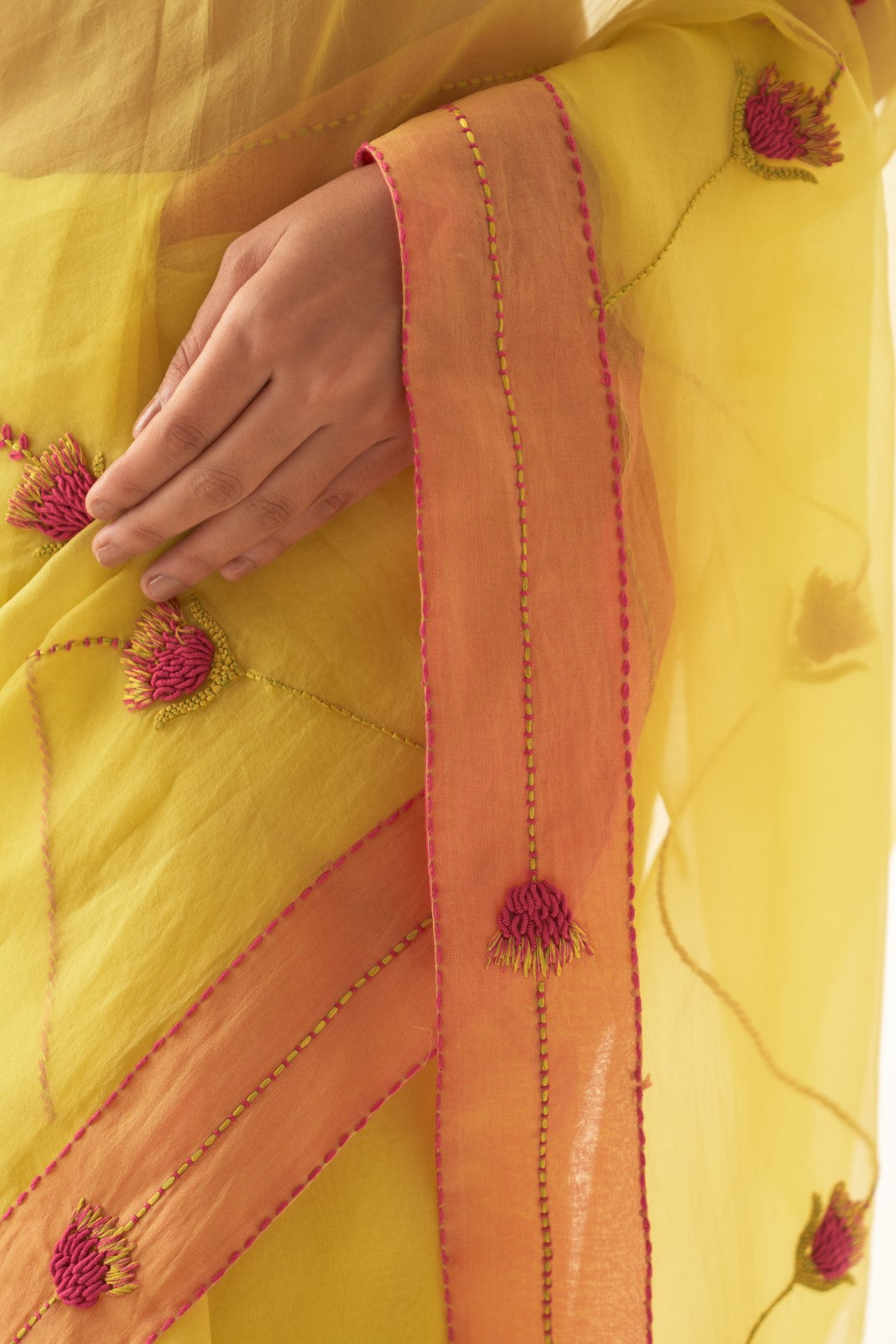 Yellow Organza Saree Set with Pink Border Comes With Stitched Chanderi Blouse and Organic Cotton Stitched Petticoat ( 03 Pcs. )