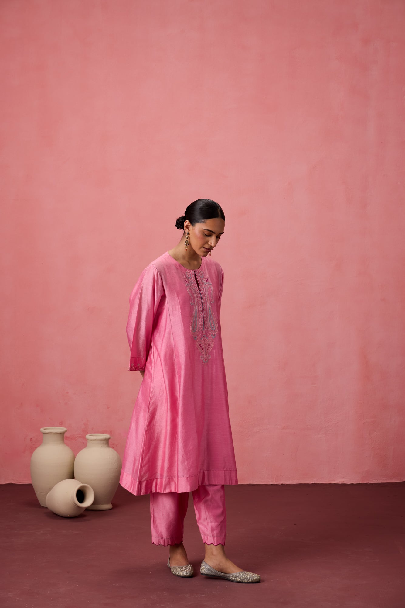 Pink chanderi dori work and resham embroidered kurta paired with organic cotton slip, Salwar & organza dupatta