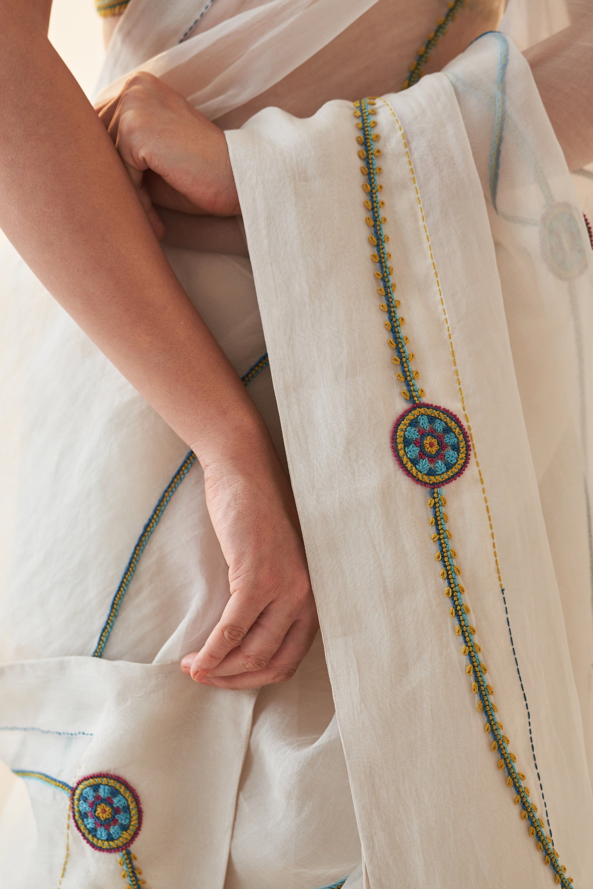 Ivory Organza Saree And Chanderi Blouse With Multicolour Thread Handwork