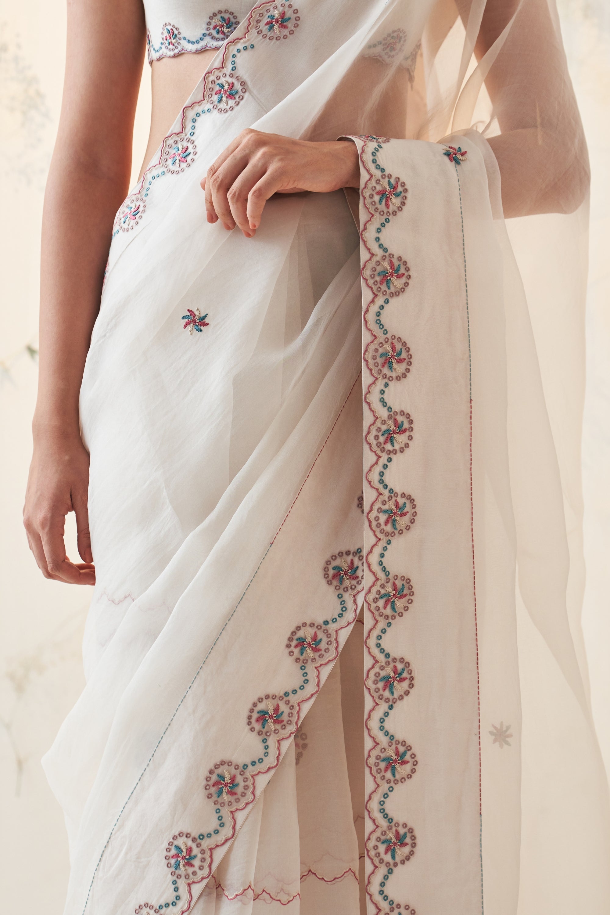 Ivory Organza Saree Thread Work Scallops With A Chanderi Blouse