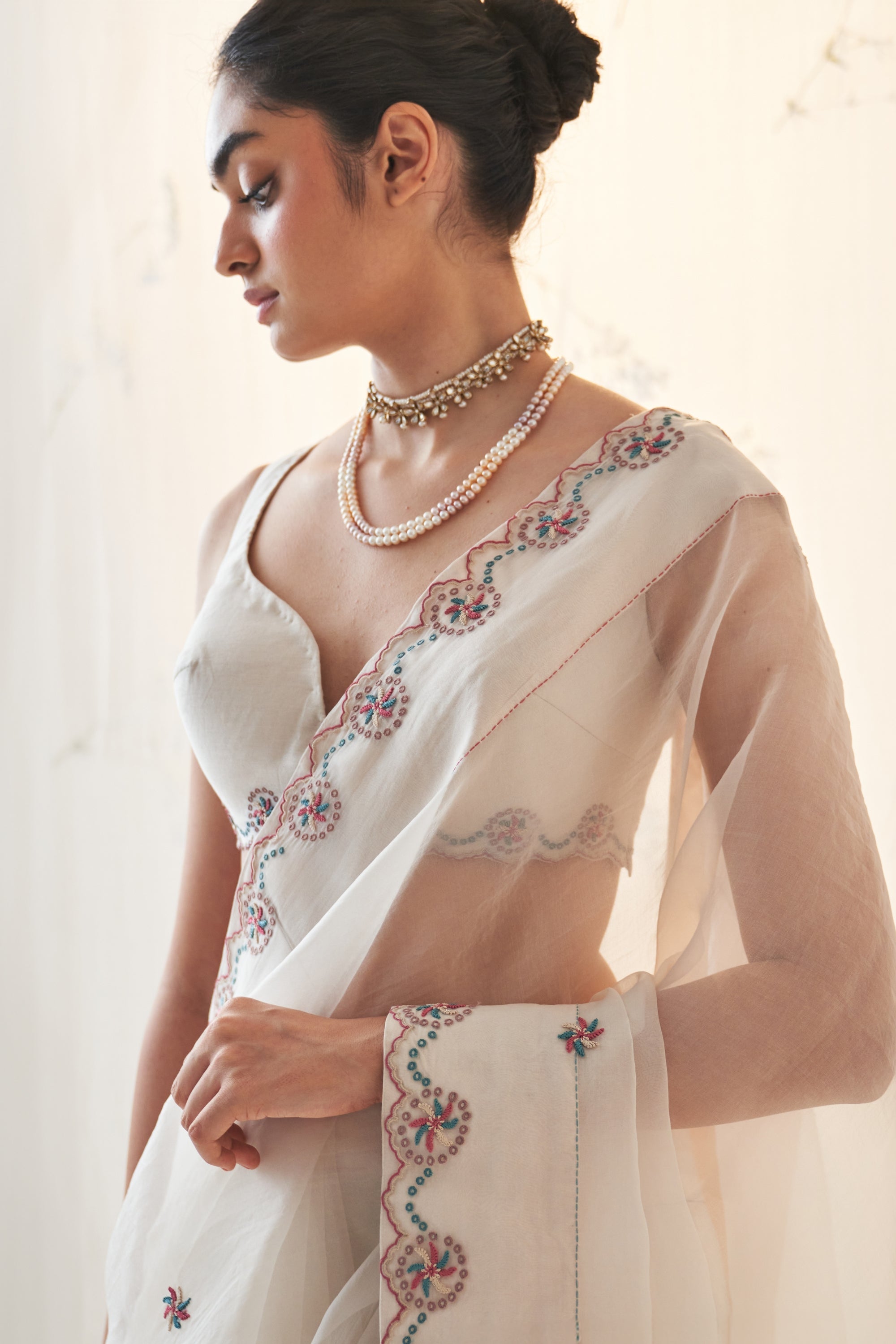 Ivory Organza Saree Thread Work Scallops With A Chanderi Blouse