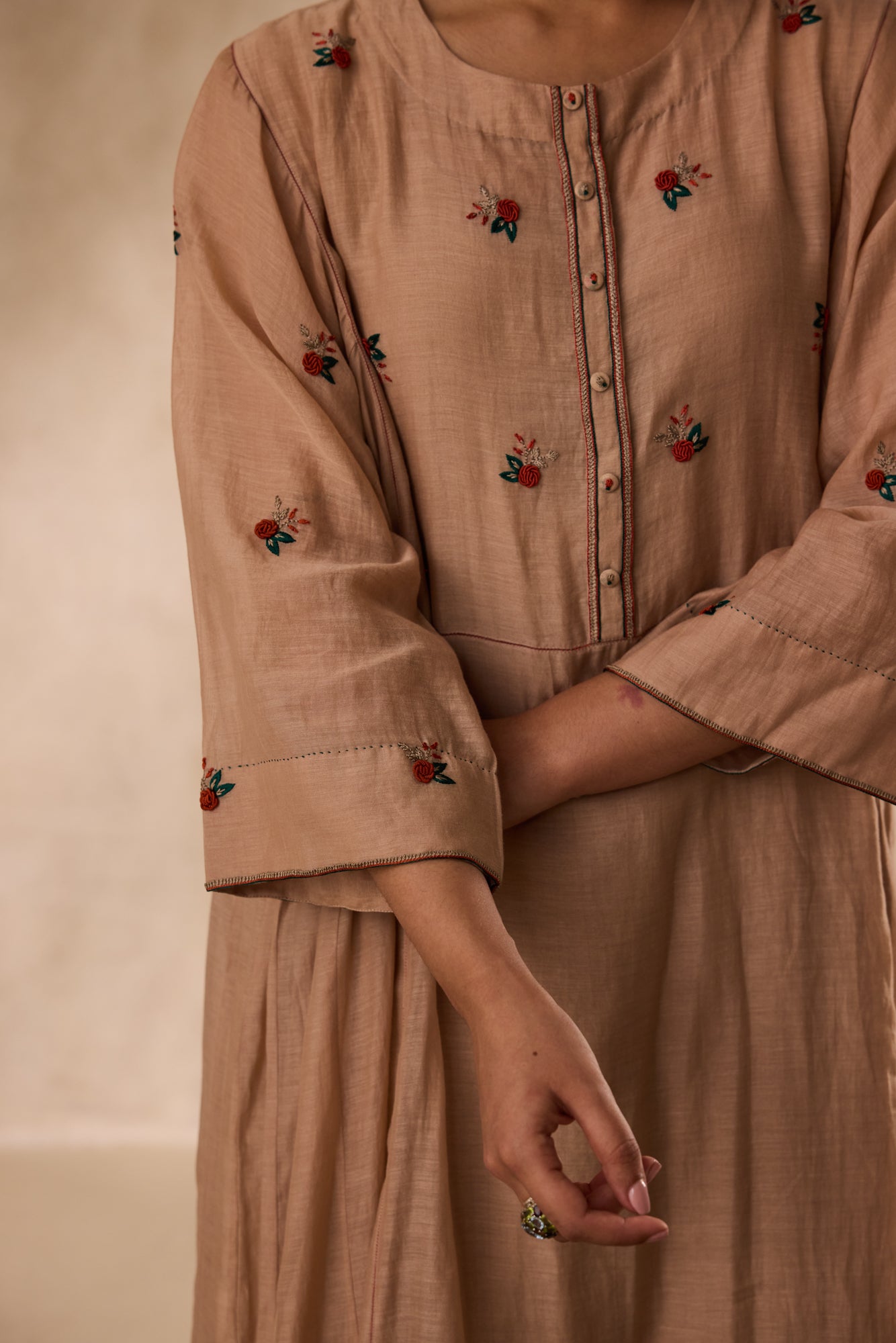 Champagne chanderi embroidered kurta paired with organic cotton slip, pant & organza dupatta