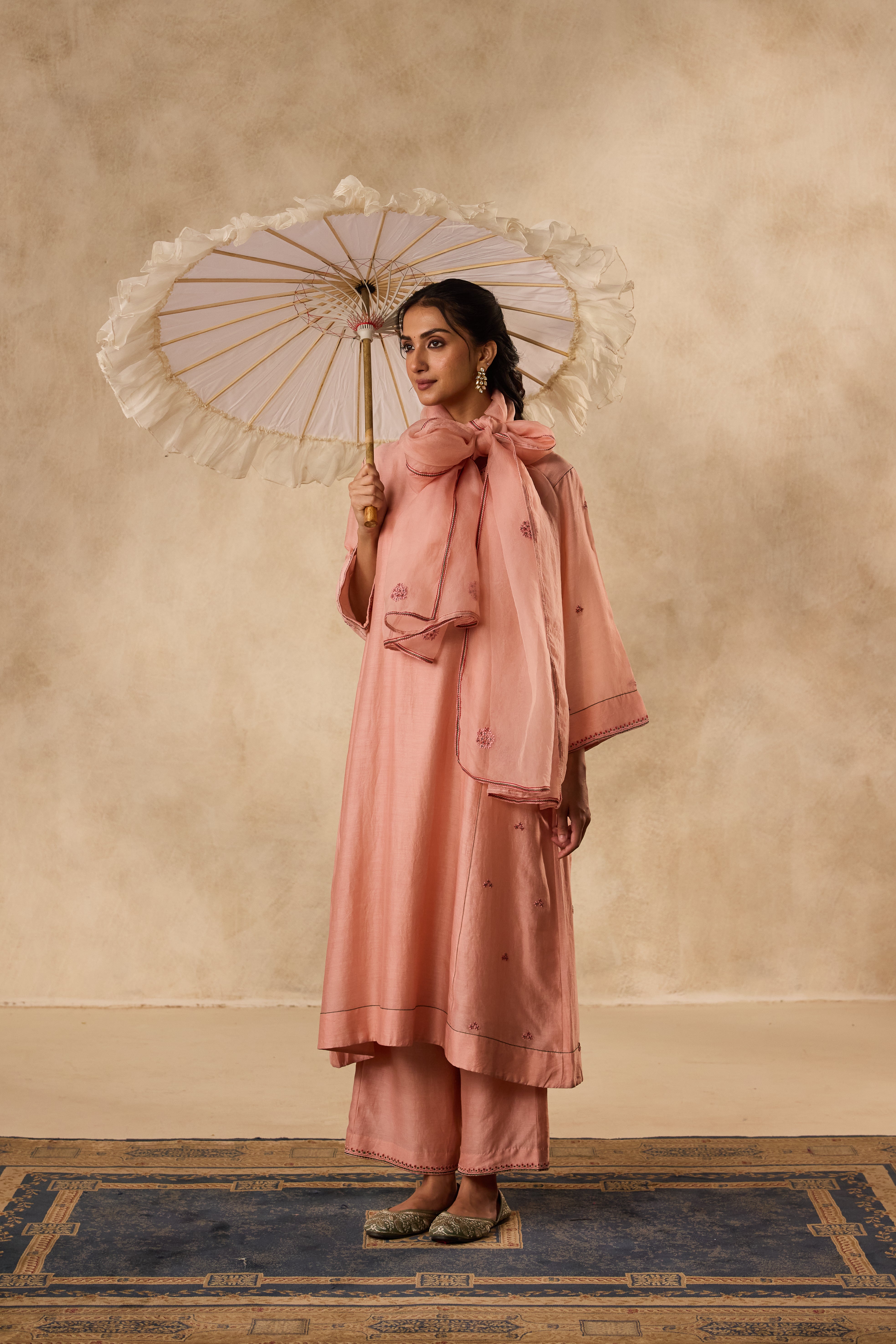 PEACH CHANDERI RESHAM & THREAD EMBROIDERED KURTA PAIRED WITH ORGANIC COTTON SLIP & MATCHING PANT & ORGANZA DUPATTA