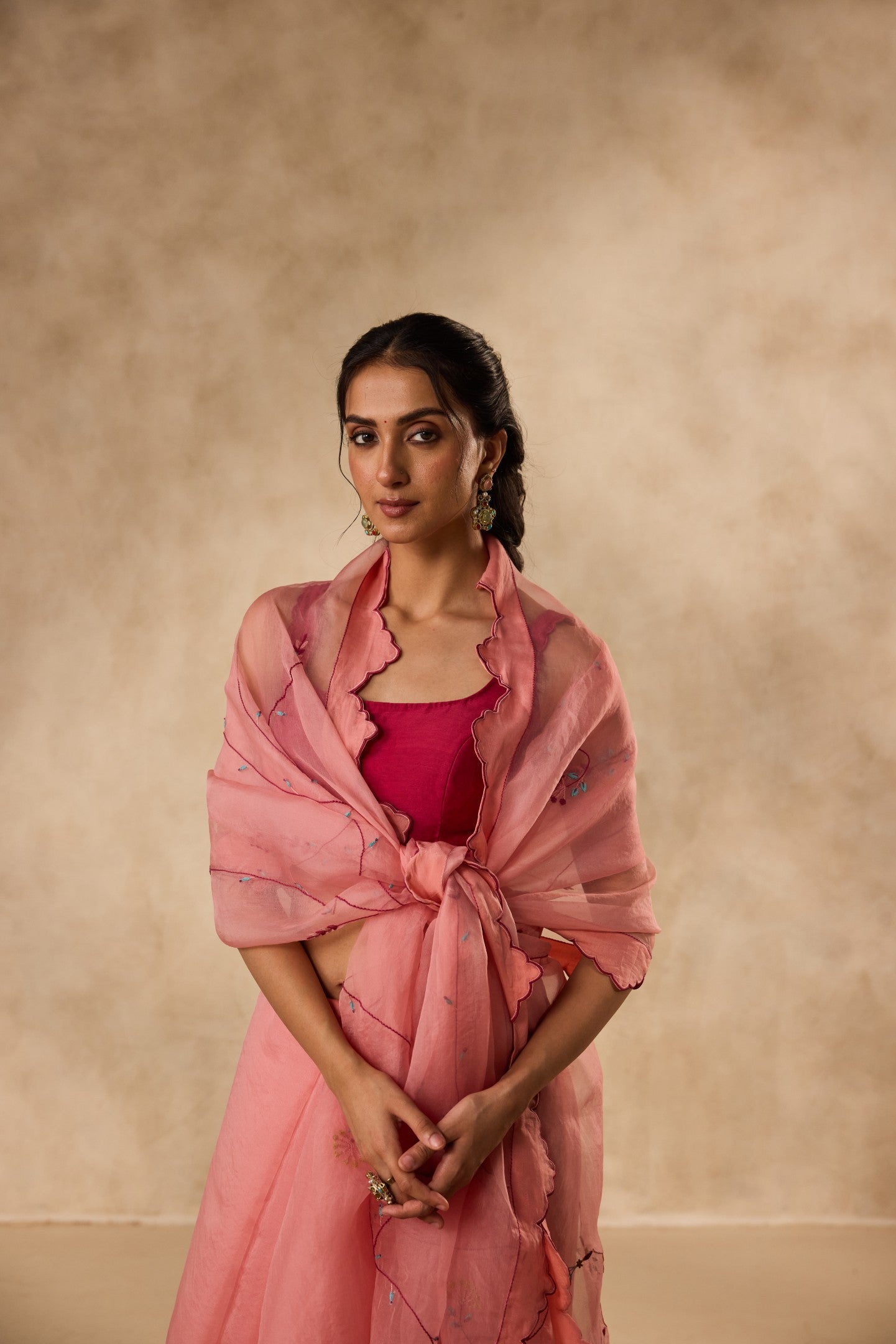 PEACH ORGANZA EMBROIDERED SAREE paired WITH UNSTITCHED CHANDERI BLOUSE FABRIC