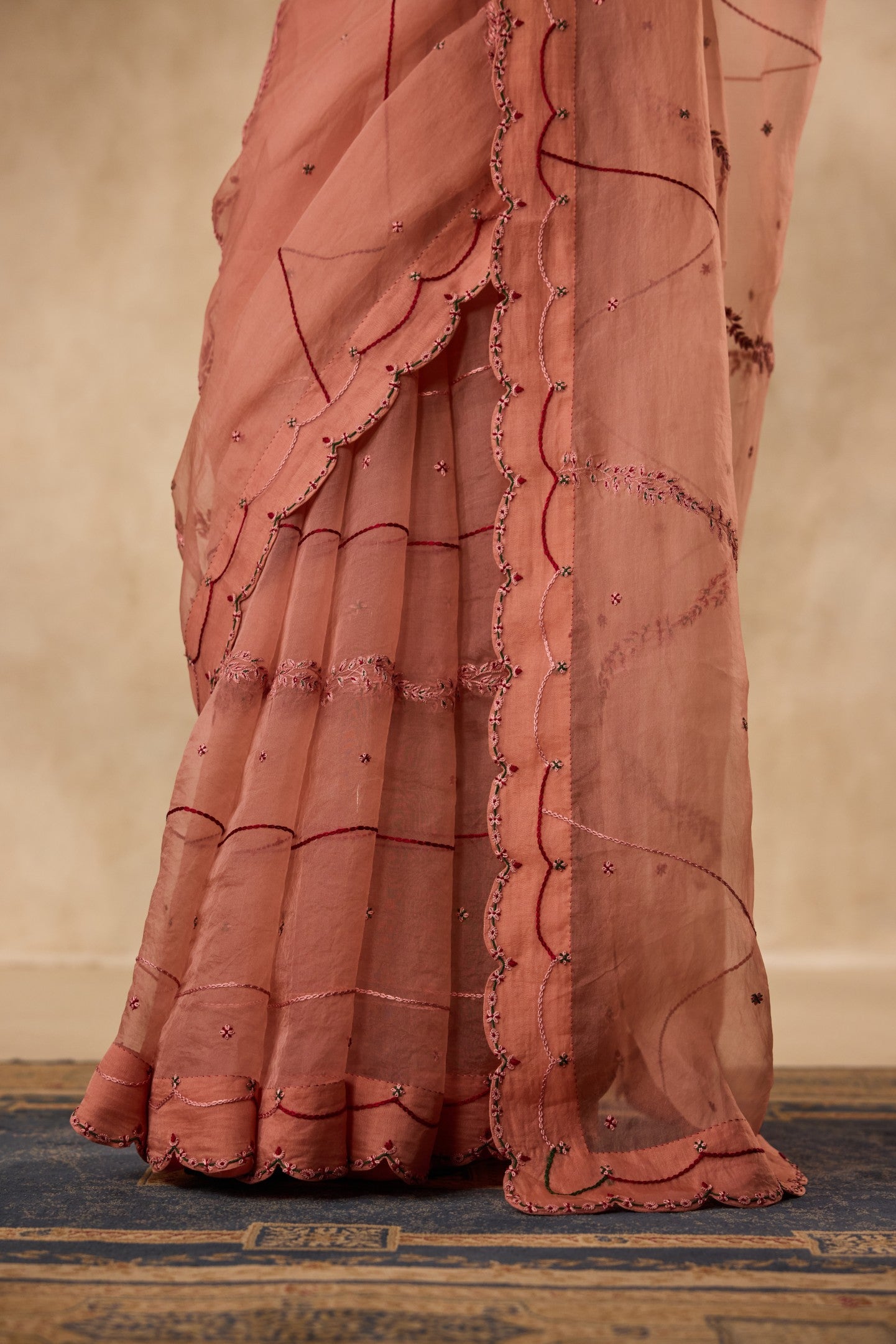 PEACH ORGANZA EMBROIDERED SAREE paired WITH UNSTITCHED CHANDERI BLOUSE FABRIC