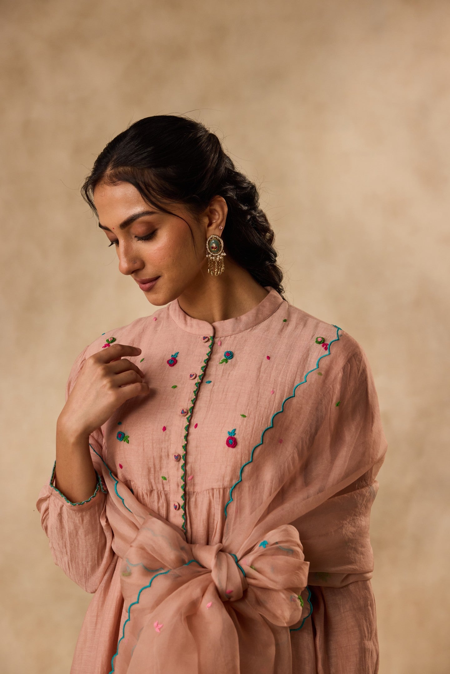 Rose gold chanderi bullion work embroidered kurta with organic cotton slip paired with pant & organza dupatta