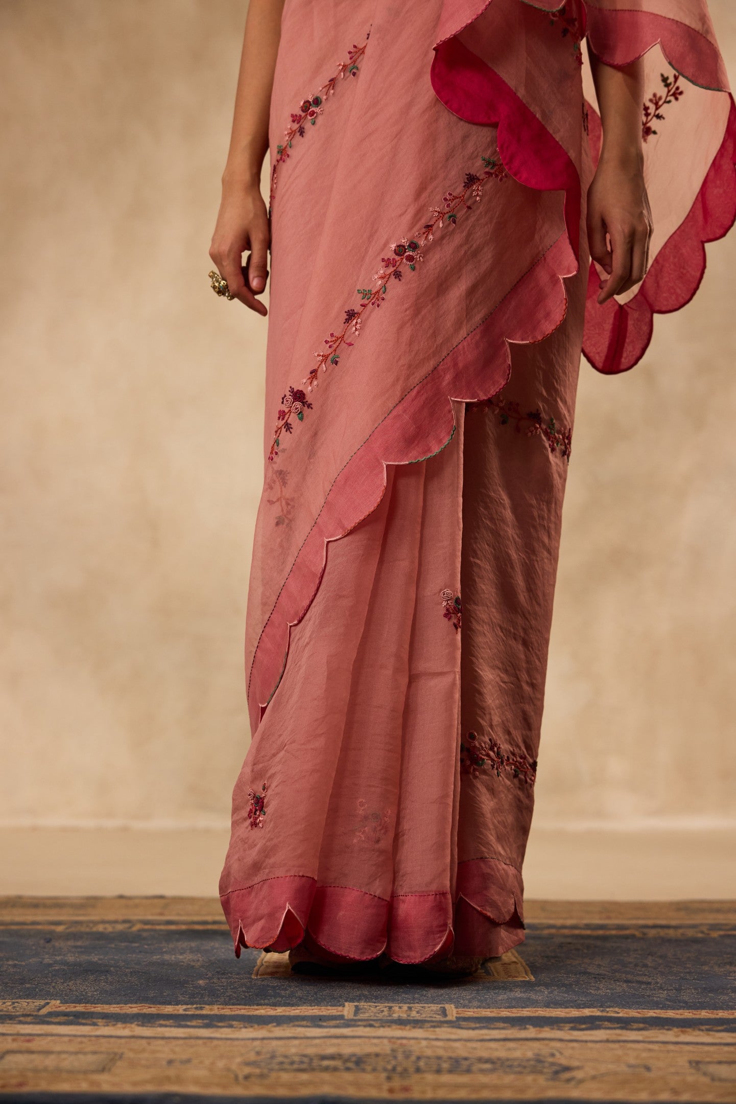 PEACH ORGANZA SPRING FLOWER, EMBROIDERED & SCALLOP SAREE paired WITH UNSTITCHED CHANDERI BLOUSE FABRIC