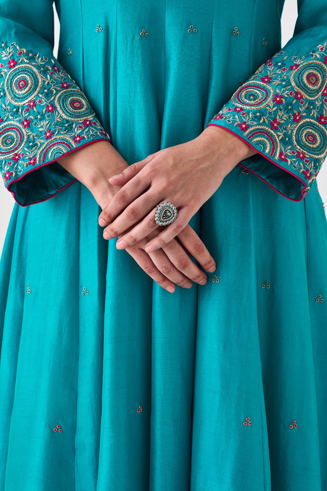 Turquoise Silk Dupion Embroidered Anarkali with Silk Pant & Organza Dupatta (03 Pcs.)