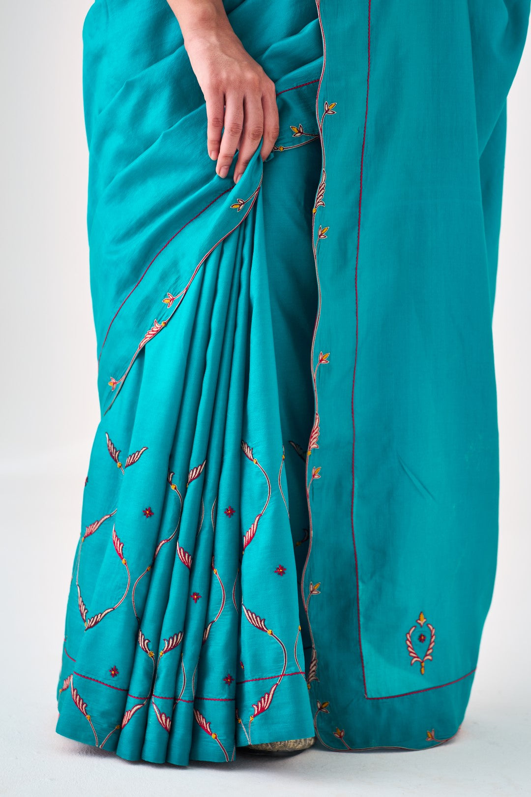 Turquoise Silk Embroidered Saree Paired with Organic Cotton Stitched Petticoat (02 pcs.)