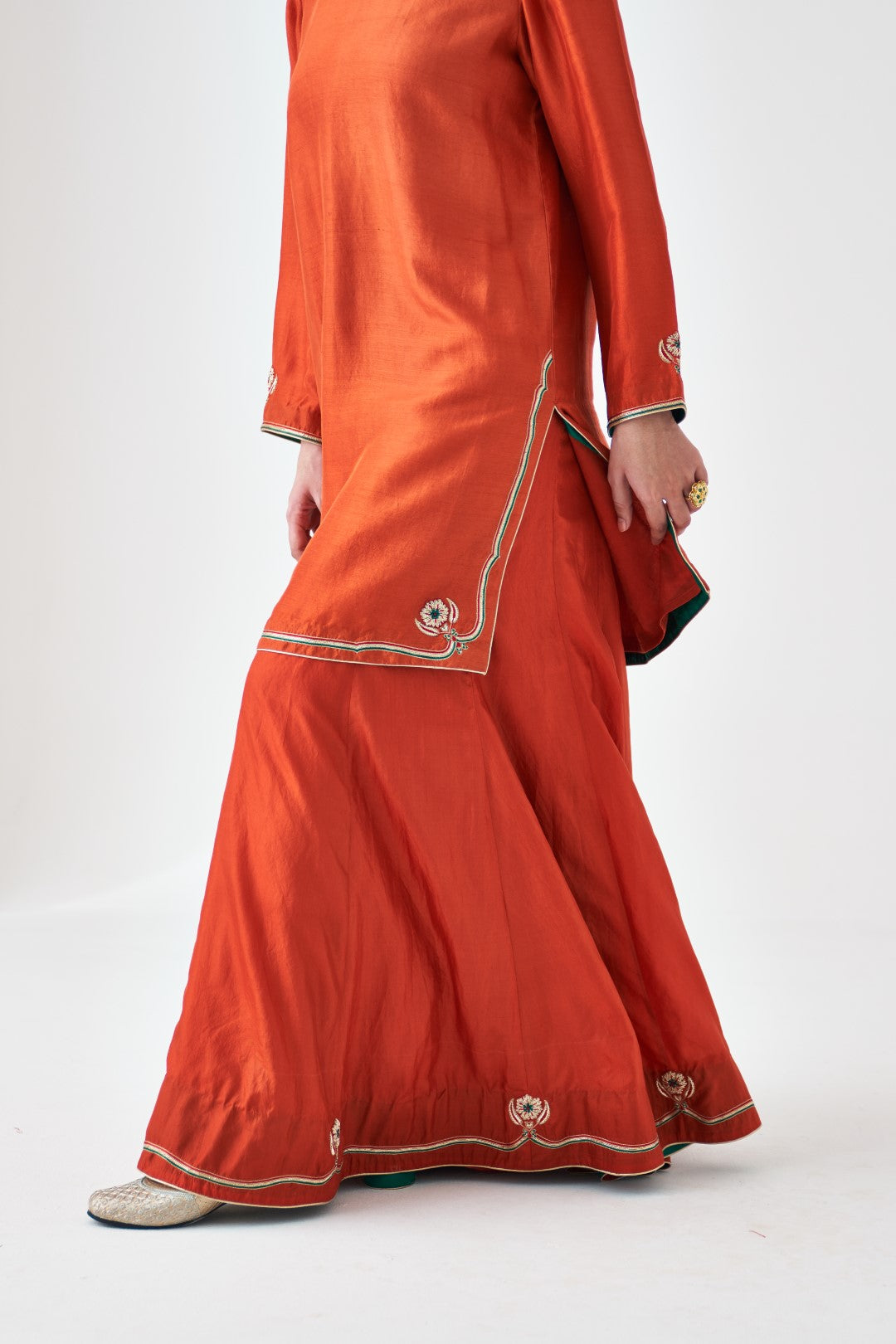 Rust Embroidered Dupion Silk Short Kurta & Silk Sharara (02 PCS.)