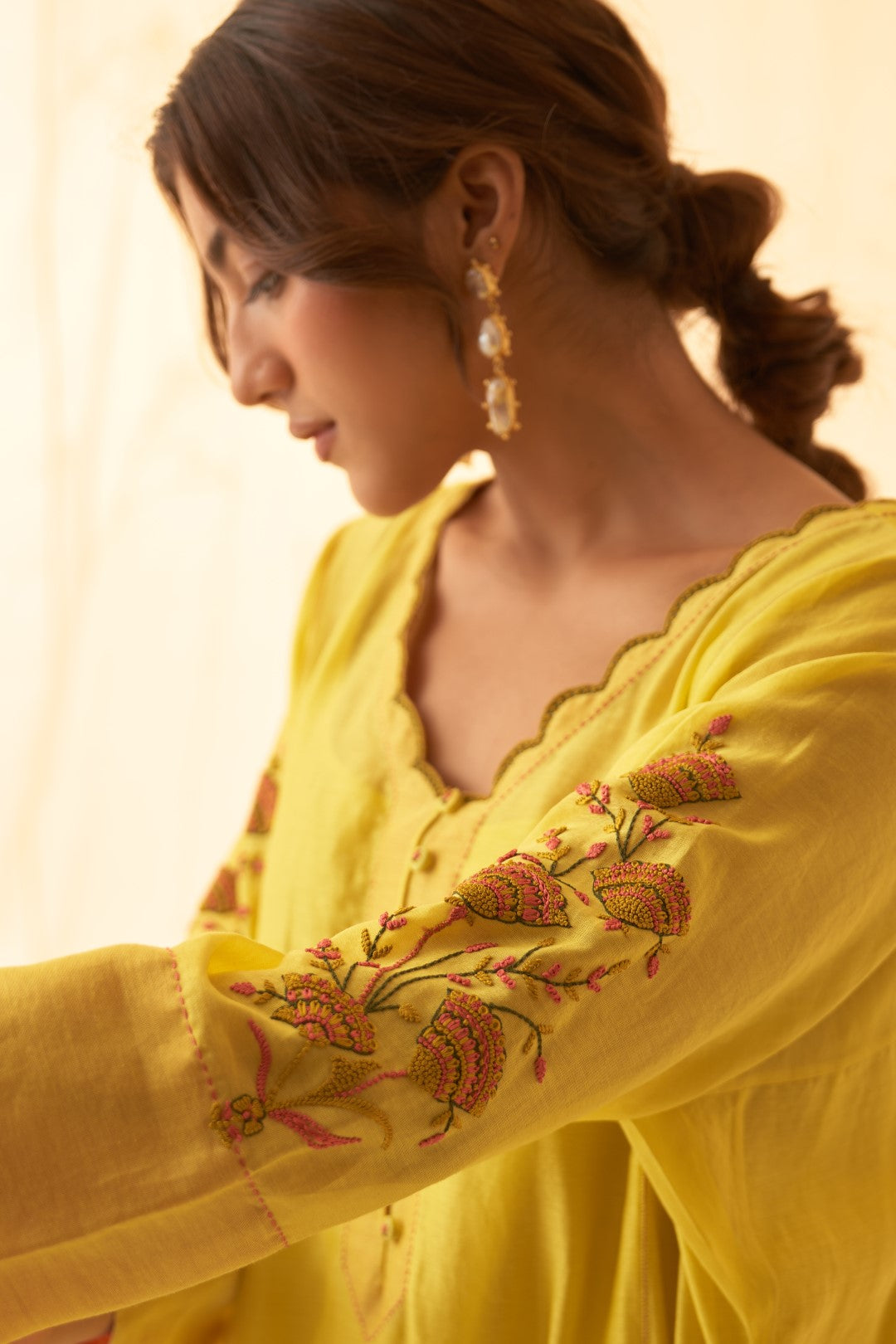 Yellow With Beautiful Embroidery On Sleeves Kurta Set