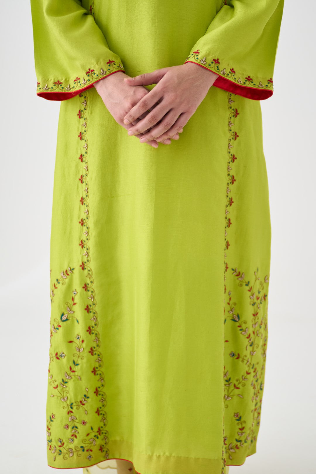 Lime Green Dupion Silk Embroidered Long Kurta Paired with Silk Pant & Organza Dupatta (03 Pcs.)