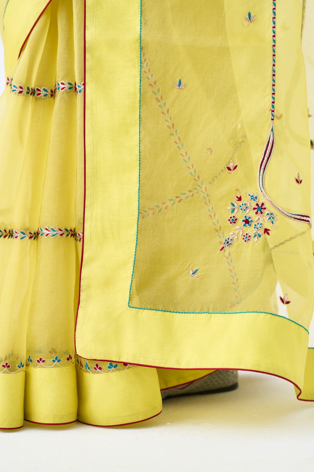 Yellow Organza Saree with Embroidery Paired with Organic Cotton Stitched Petticoat (2-Piece Set)