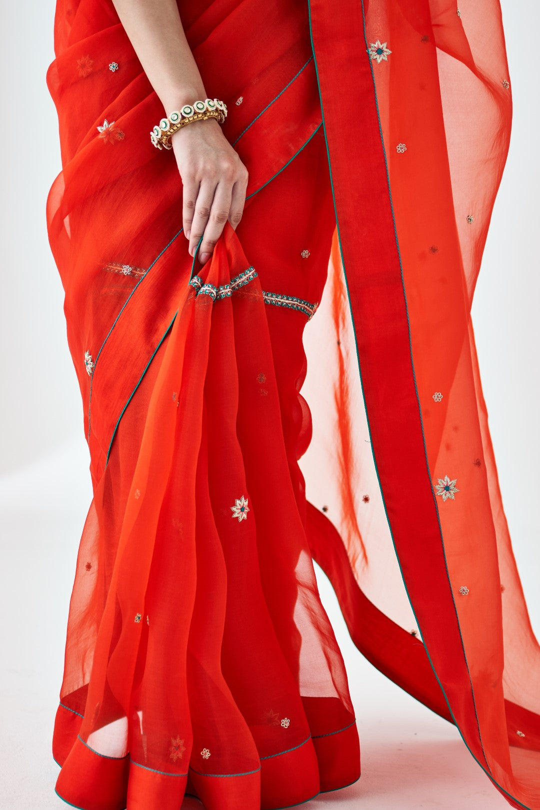 Orange Embroidered Organza Saree Paired with Organic Cotton Stitched Petticoat (02 Pcs.)