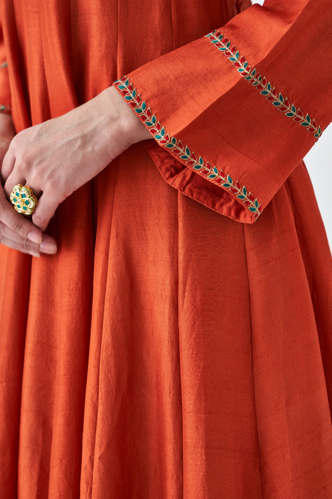 Rust Cotton Silk Embroidered Anarkali paired with pant and organza dupatta (03 Pcs.)