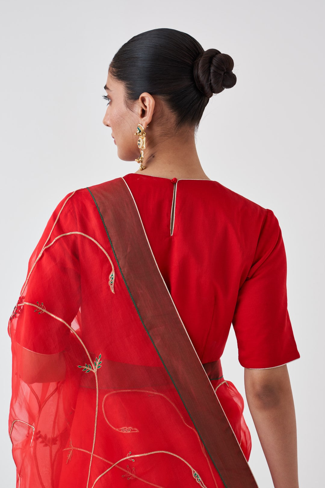 Red Organza Saree with Jaal Embroidery and Organic Cotton Stitched Petticoat (2-Piece Set)