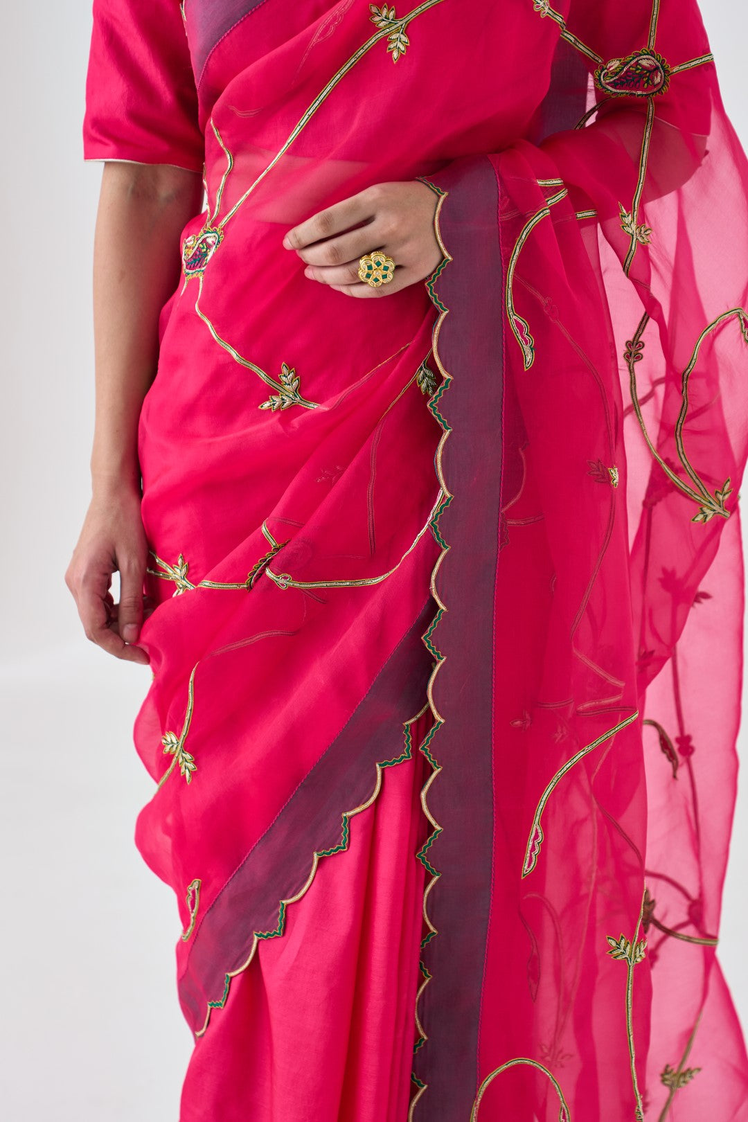 Fuchsia Jaal Embroidered Saree Paired with Organic Cotton Petticoat (02 Pcs.)