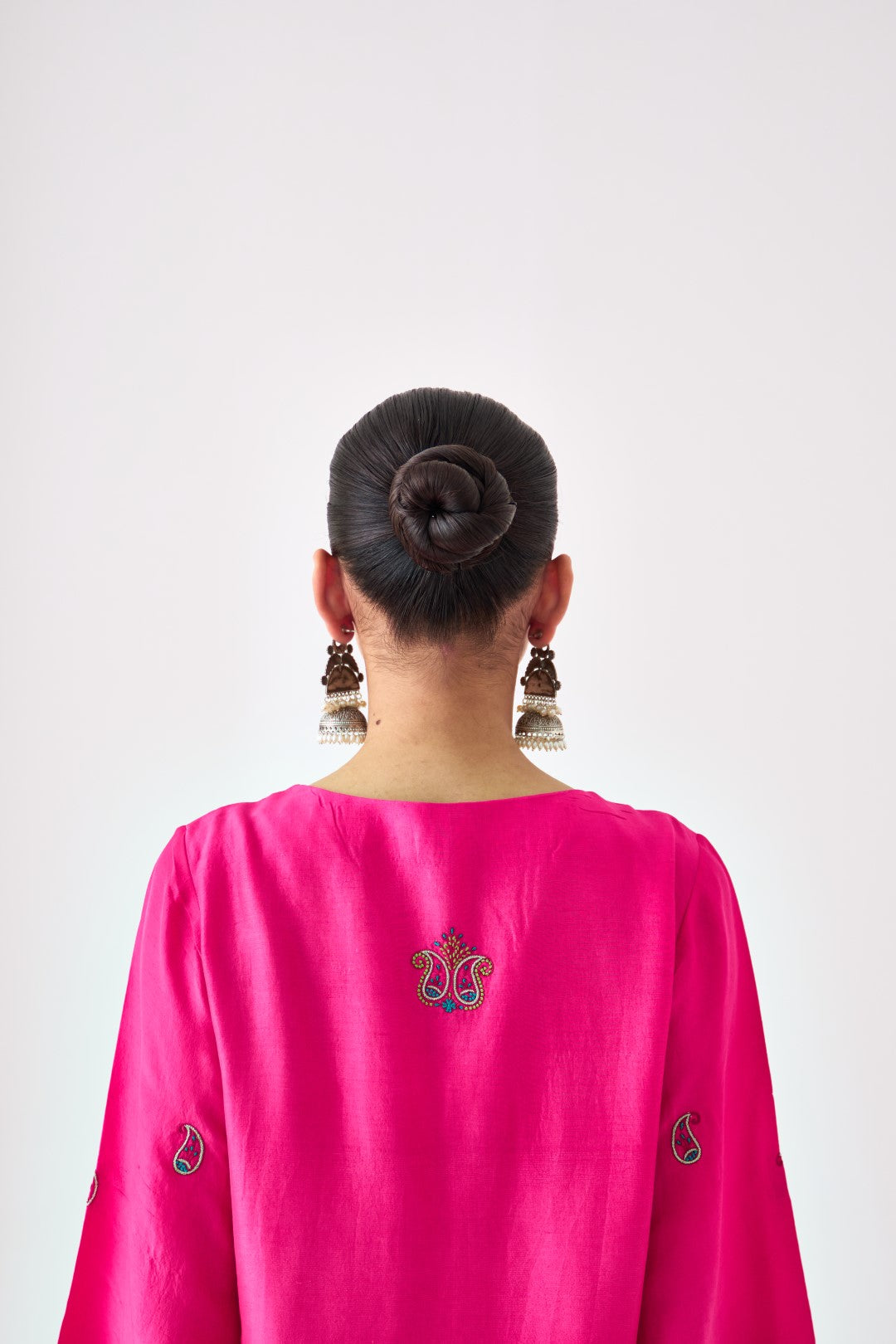 Fuchsia Silk Dupion Embroidered Short Kurta Paired with Silk Sharara & Organza Dupatta (03 PCS.)