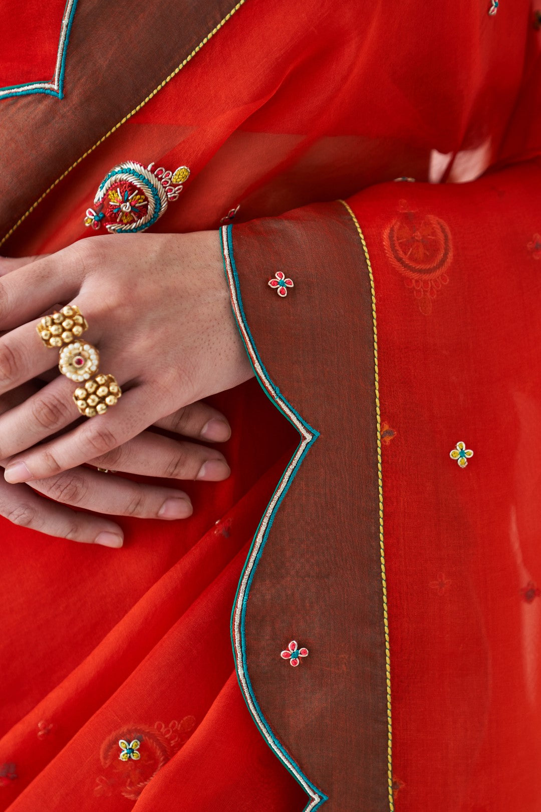 Rust Scallop Border Embroidered Saree Paired with Stitched Organic Cotton Petticoat (02 pcs.)