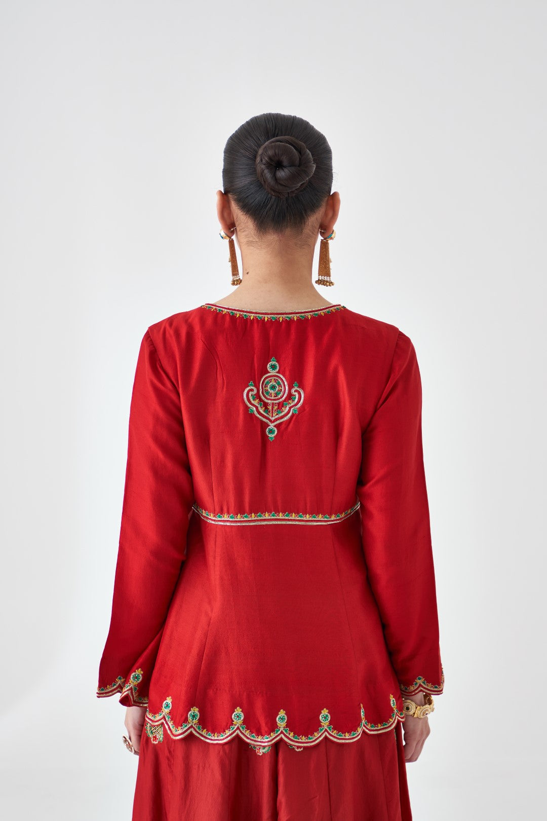 Maroon Silk Dupion Embroidered Peplum Paired with Silk Sharara & Organza Dupatta (03 PCS.)