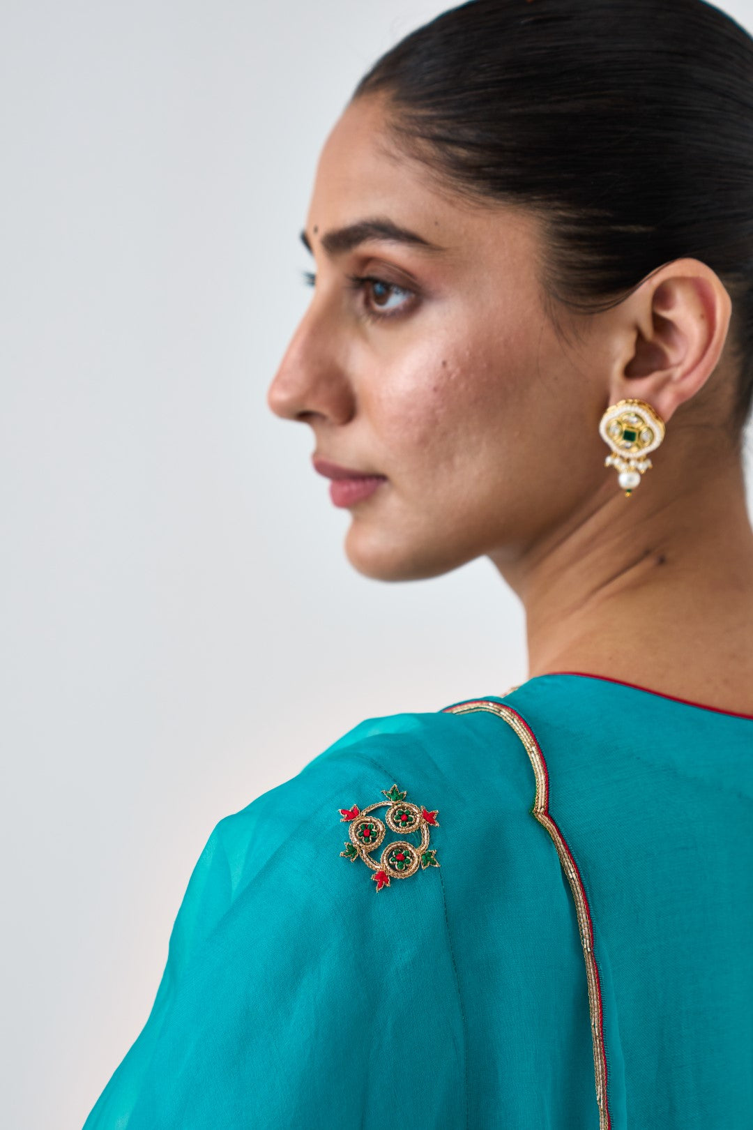 Turquoise Dupion Silk Embroidered Kurta Paired with Silk Pant & Organza Dupatta (03 Pcs.)