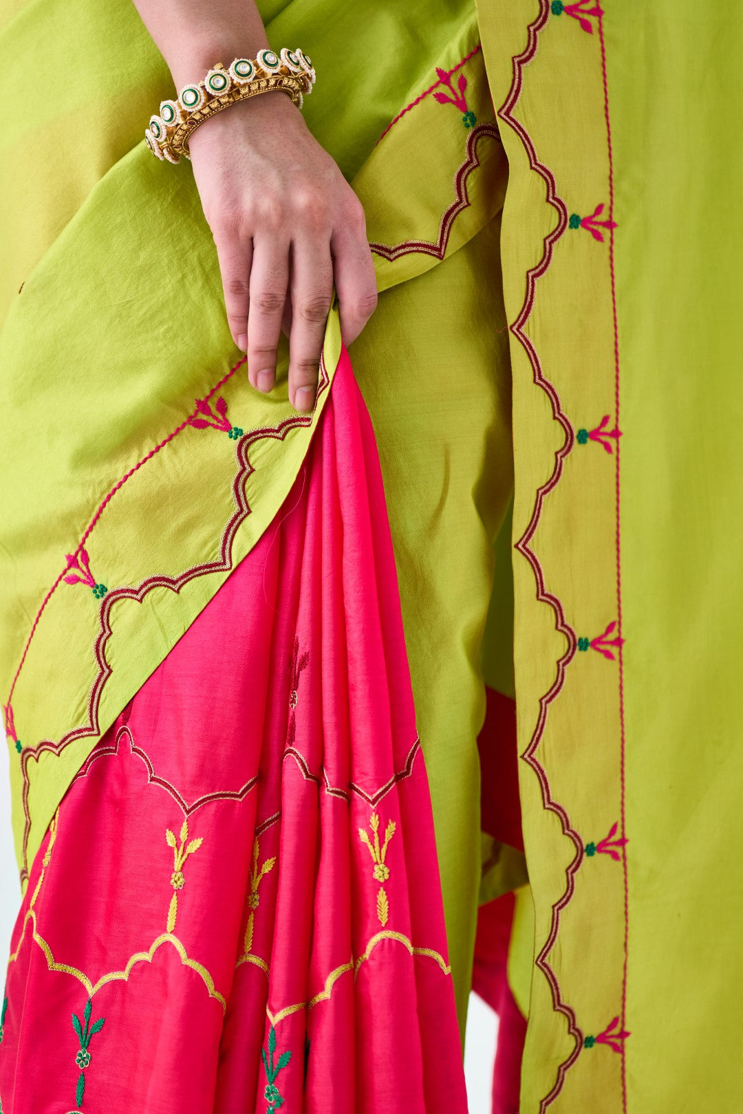 Lime Green & Fuchsia Embroidered Saree Paired with Organic Cotton Stitched Petticoat (02 Pcs.)